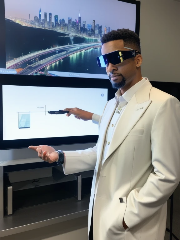 A cyborg teacher with a mechanical arm and a bionic eye, wearing a white lab coat and holding a holographic tablet, standing in front of an interactive digital whiteboard, where he shows complex graphics and formulas, while teaching a class of students with augmented reality headsets and smart bracelets, in a modern, lighted classroom,  with windows that display a futuristic cityscape with skyscrapers and flying vehicles.  