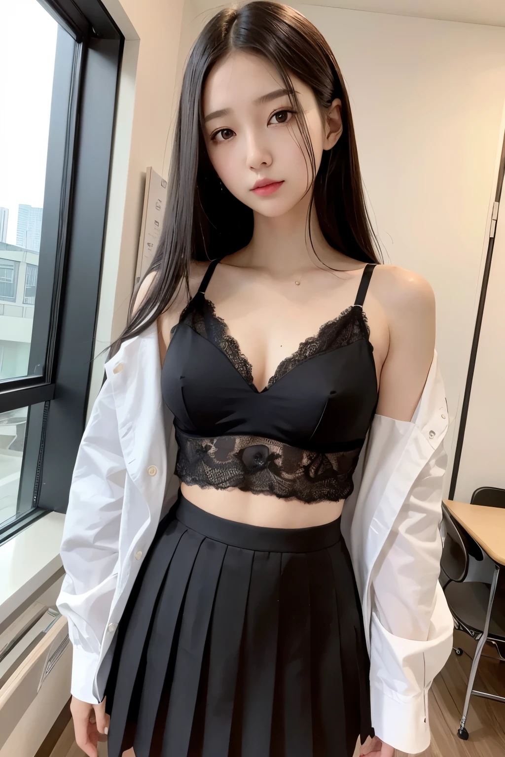 best quality, highres,Slender、brown eyes、tall、black hair、(semi-long:1.3),straight hair、School、classroom、standing position、black pleated skirt、black lace bra、A small mole on the chest