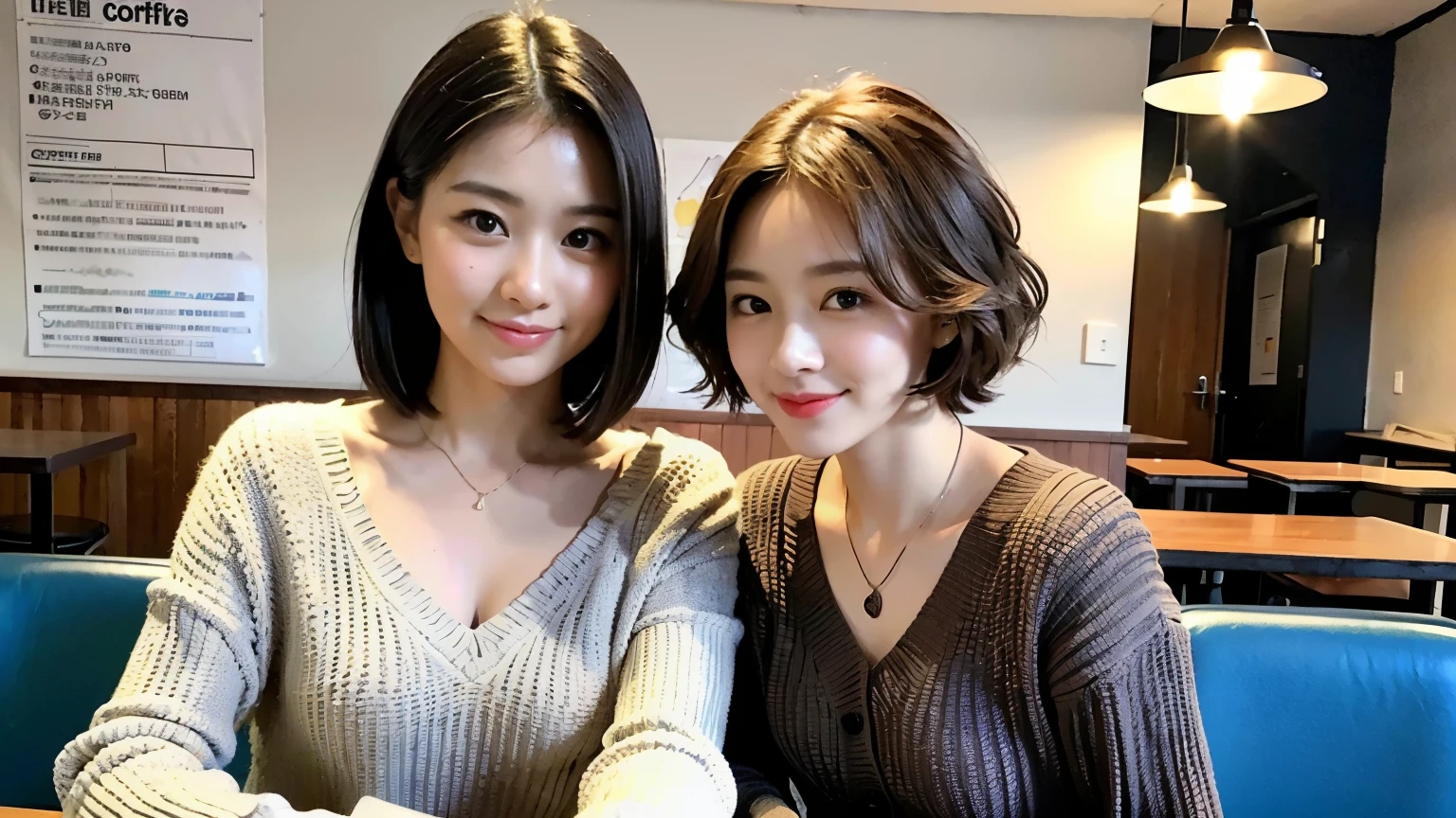 (最high quality、8k、32K、masterpiece:1.2)、A photo of a female college student who looks like a cute model、normal breasts、short bob hair、Upper body、face focus、extra large_sweater、necklace、look at the audience、background a trendy coffee shop with a unique aesthetic and atmosphere. Incorporate elements like modern furniture, artistic decoration, and ambient lighting to enhance the ambiance. People who enjoy drinks々Consider including, engaging in conversation, or quietly working on laptops. Let your creativity flow、In this chic café setting「stable diffusion」Let the idea come to life, I can see other customers enjoying themselves too..。At the back of the cafe、Staff are busy working at the counter.、Feel the vibrancy and warmth of a city cafe.., sharp focus, 1 girl, sexy 1.2, brown hair, With bangs, fine eyes, Beautiful eyes with long slits, double eyelid, (cat face), (cute Face), cute Smile, (close your mouth), (cute), soft skin, surreal, Super detailed, high quality, (Beautiful female college student with short hair studying in a cafe), ((Detailed very cute college girl),
