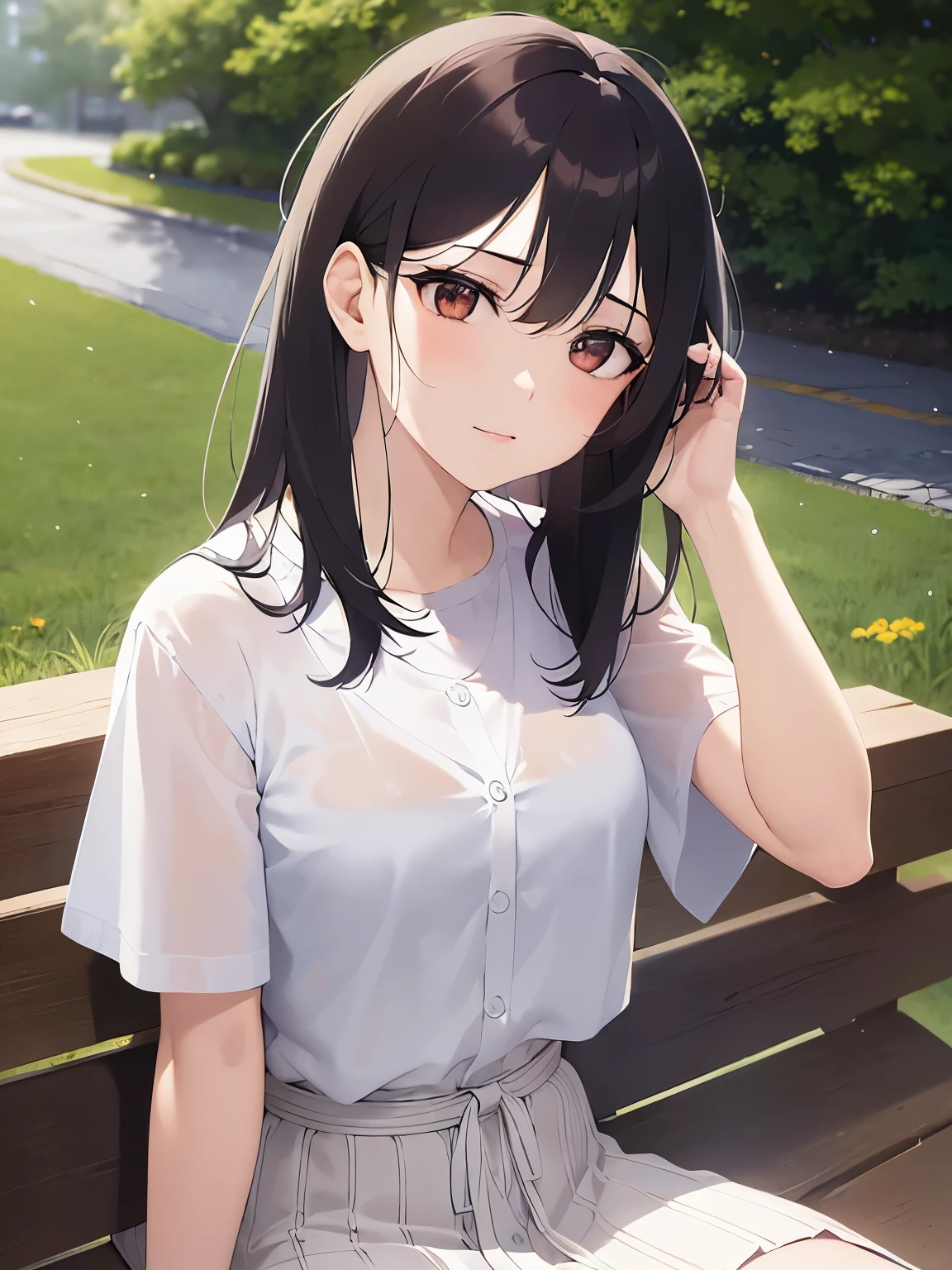 (1girl:1.3), sexy pose, slim body,
(photorealistic:1.4), (masterpiece, top quality, best quality, official art), extreme detailed, highest detailed, (ultra-detailed), ((an extremely delicate and beautiful)), cinematic light,  (realisticlying:1.3), 
(highdetailskin:1.2), high resolution, 8K UHD, 4K, 8K, Bokeh, 
digital SLR camera, absurderes, Optimal proportions of four fingers and one thumb,
in the park with trees,sitting on bench, 
((silky long hair)), (brown hair),  tears,
beautiful face, perfect face, highly detailed beautiful face, 
Cute, shy,blush,
dynamic angle, from above,looking at viewer,  
wearing brown sweater,skirt