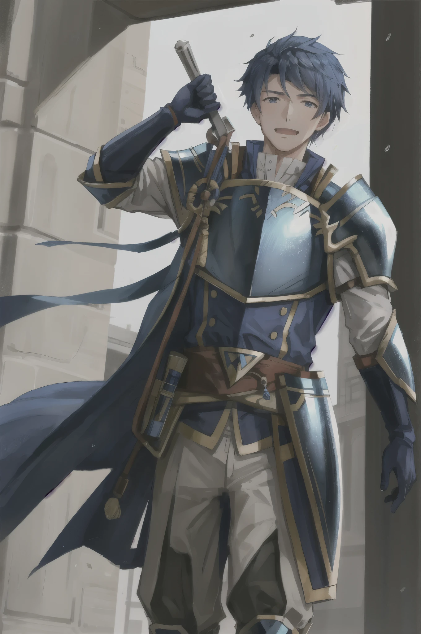 Hector Fay, soloist, looking at the audience, smiling, open mouth, sweat, get wet, wet, Slobber, Gloves, 1 boy, blue hair, male focus, tie, armor, from below,