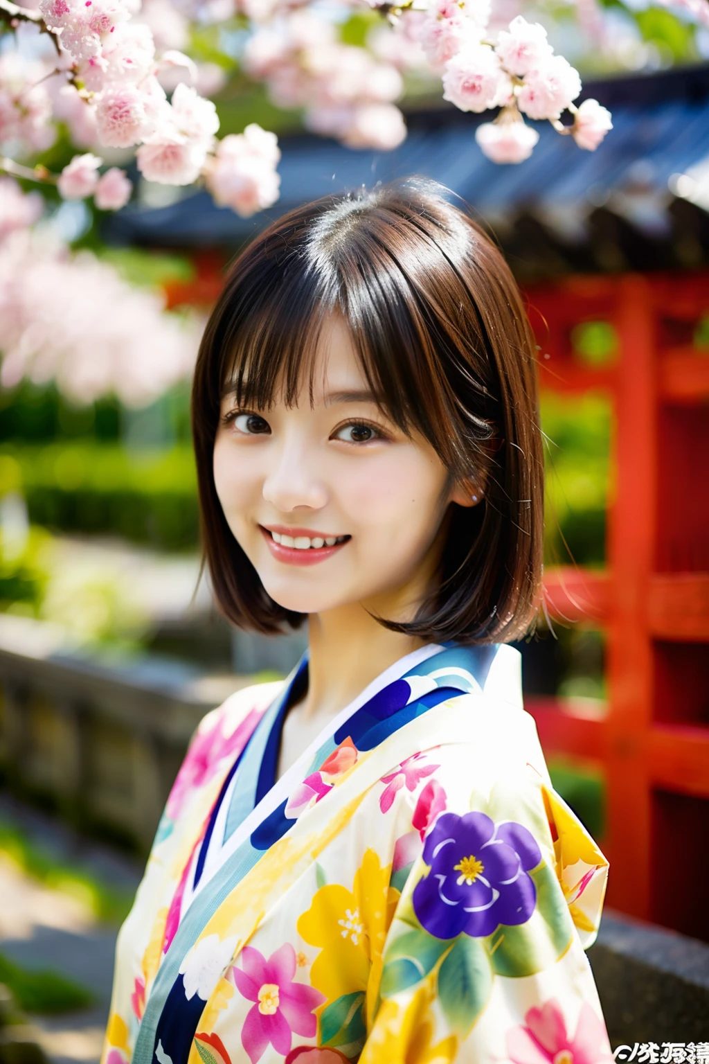 ulzzang-6500-v1.1,(Masterpiece, BestQuality:1.3),(Top image quality,8K,masterpiece:1.3),Realistic high-quality photos,top-quality,
BREAK
20yo, Japan girl,girl wearing a kimono,(Front view:0.8),(full body:1.3),looking at camera,(Japanese dress, floral pattern Kimono:1.4),(short hair,well-groomed black hair:1.2), smile,pretty face,Fair skin,Real Human Skin,detailed perfect face,
BREAK
(outside, shrines, torii,Red torii gate:1.3),(Cherry tree、shrine:1.3)