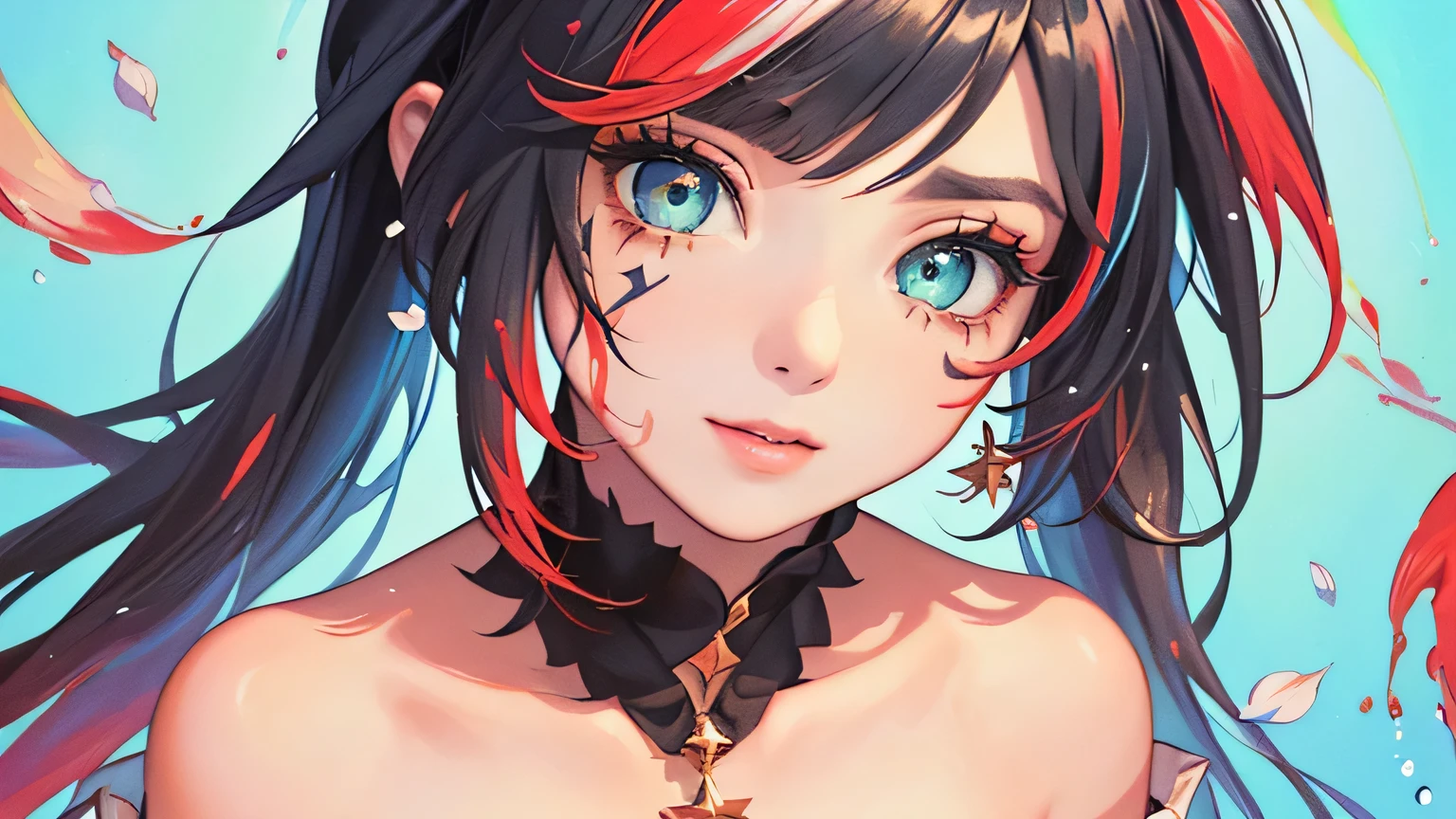 （Pink Fashion crop top：1.9），(Colorful hair: 1.8), (all the colours of the rainbow: 1.8),(((((vertical painting：1.6))), （painting：1.6），front, comics, illustrations, paintings, large eyes, crystal clear eyes,（ rainbow color gradient high twintails：1.7）, exquisite makeup, shy smile mouth,(Small Fresh: 1.5),(Wipe Chest: 1.6) ，long eyelashes, white off shoulder crop top,  White Shoulder Shirt，looking at the audience, large watery eyes, (rainbow colored hair：1.6), color splash, （solo：1.8）, color splash, color explosion, thick paint style, messy lines, ((shining))，(colorful), (colorful), (colorful), colorful, Thick Paint Style, (Splash) (Color Splash), Vertical Painting, Upper Body, Paint Splash, Acrylic Pigment, Gradient, Paint, Highest Image Quality, Highest Quality, Masterpiece, Solo, Depth of Field, Face Paint,  colorful clothes, (Elegant: 1.2), gorgeous,long hair, wind, (Elegant: 1.3), (Petals: 1.4)，(((masterpiece))),(((best quality))),((ultra-detailed)),(illustration),(dynamic angle),((floating)),(paint),((disheveled hair)),(solo),(1girl) , (((detailed anima face))),((beautiful detailed face)),collar,bare shoulders,white hair, ((colorful hair)),((streaked hair)),beautiful detailed eyes,(Gradient color eyes),(((colorful eyes))),(((colorful background))),(((high saturation))),(((surrounded by colorful splashes))), blue hair