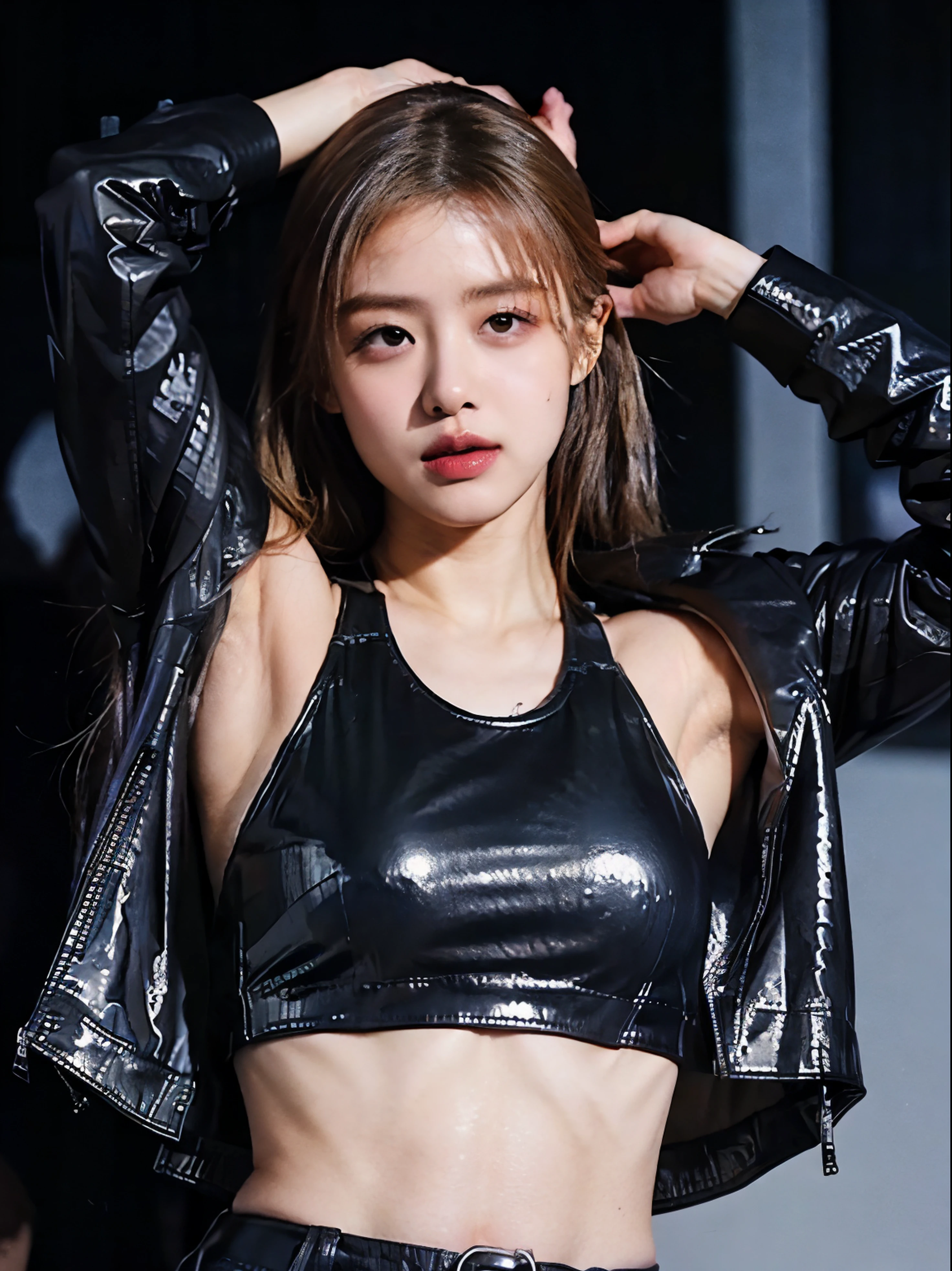 (8k、RAW Photos、top-quality、​masterpiece:1.2)、(realistic Photo-realsitic:1.37)、1girl in、japanese, 18-years old, (slightly chubby), (close-up shot of armpit:1.5), face lights, Detailed face, slightly cunning smile, (white sexy cropped top with a black faux leather jacket over a tight cropped top:1.3), (jacket exposing sexy armpit), (black shiny jacket:1.5),