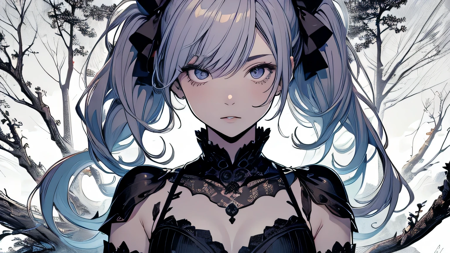 (by Yuko Higuchi:1.4),Higuchi Yuko,(by Yoh:1.2),(masterpiece,best quality,official art,beauty and aesthetics:1.2),(ultra-detailed),finely detail,best illustration,hand drawn high quality,(High contrast),(clean lines:1.3),(lineart),line drawing,(Intricate lines),ligne claire,fractal art,pen drawing,ukiyo-e style,(portrait,above the chest,extremely close-up:1.1),zombie girl,,(she is surrounded by dead trees:1.1),big eyes,(wavy air,Pigtails),Corpse Bride,Wraparound composition,flat chest,mysterious night,(Intricate details),(detailed background:1.2),(colorful),High Resolution