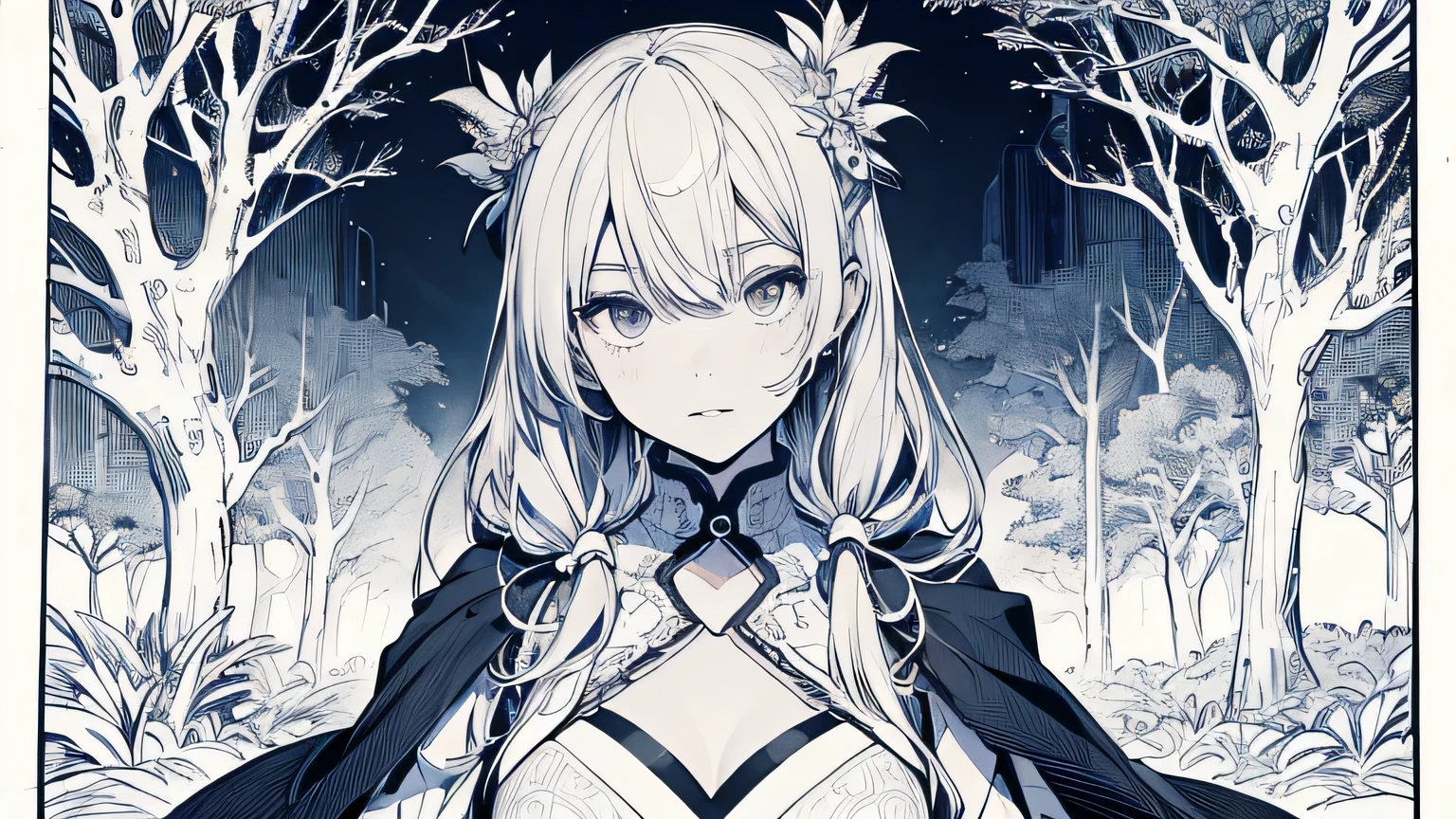 (by Yuko Higuchi:1.4),Higuchi Yuko,(by Yoh:1.2),(masterpiece,best quality,official art,beauty and aesthetics:1.2),(ultra-detailed),finely detail,best illustration,hand drawn high quality,(High contrast),(clean lines:1.3),(lineart),line drawing,(Intricate lines),ligne claire,fractal art,pen drawing,ukiyo-e style,(portrait,above the chest,extremely close-up:1.1),zombie girl,,(she is surrounded by dead trees:1.1),big eyes,(wavy air,Pigtails),Corpse Bride,Wraparound composition,flat chest,mysterious night,(Intricate details),(detailed background:1.2),(colorful),High Resolution