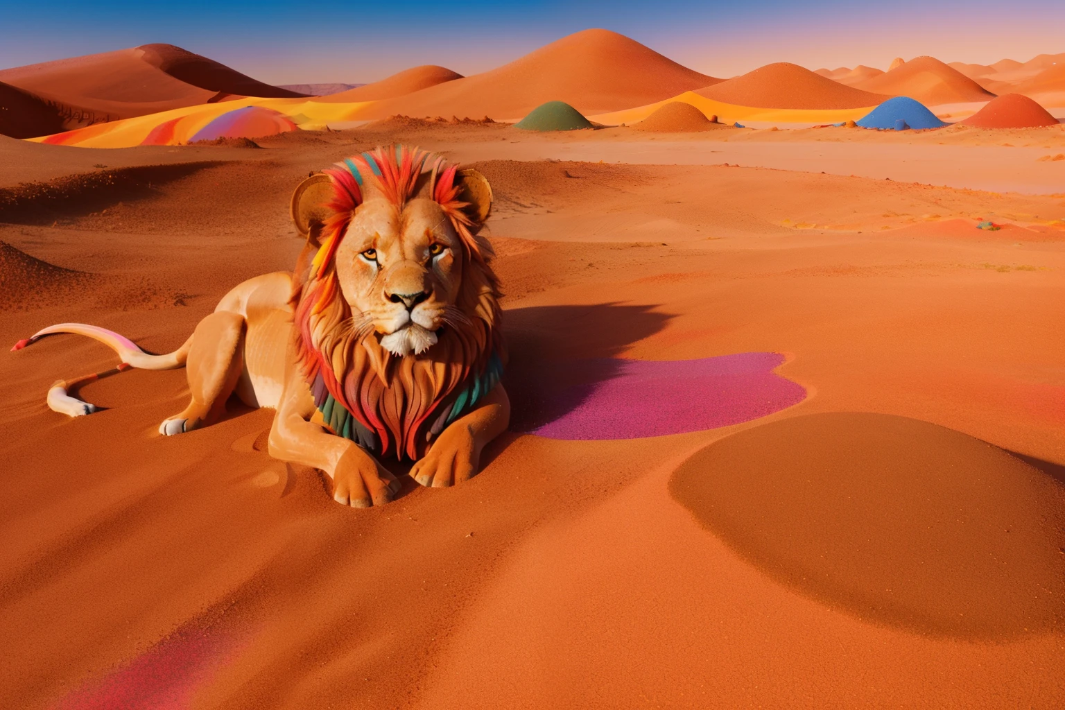 Fairytale Kingdom of Fantasia, Goab, the Desert of Colors. A (((red lion))). in a (((((multicolored desert, made with colored sand))))), every dune a distinctive color.