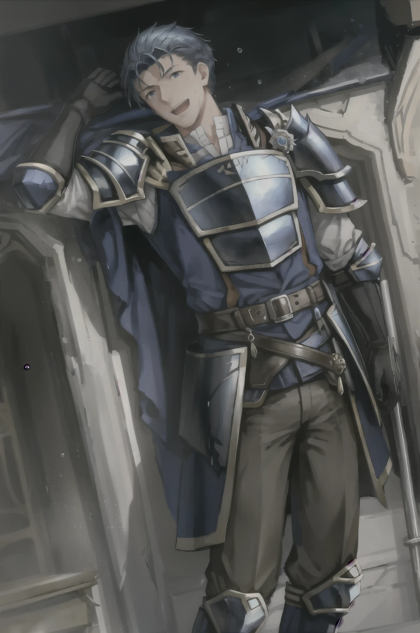 Hector Fay, soloist, looking at the audience, smiling, open mouth, sweat, get wet, wet, Slobber, Gloves, 1 boy, blue hair, male focus, tie, armor, from below,