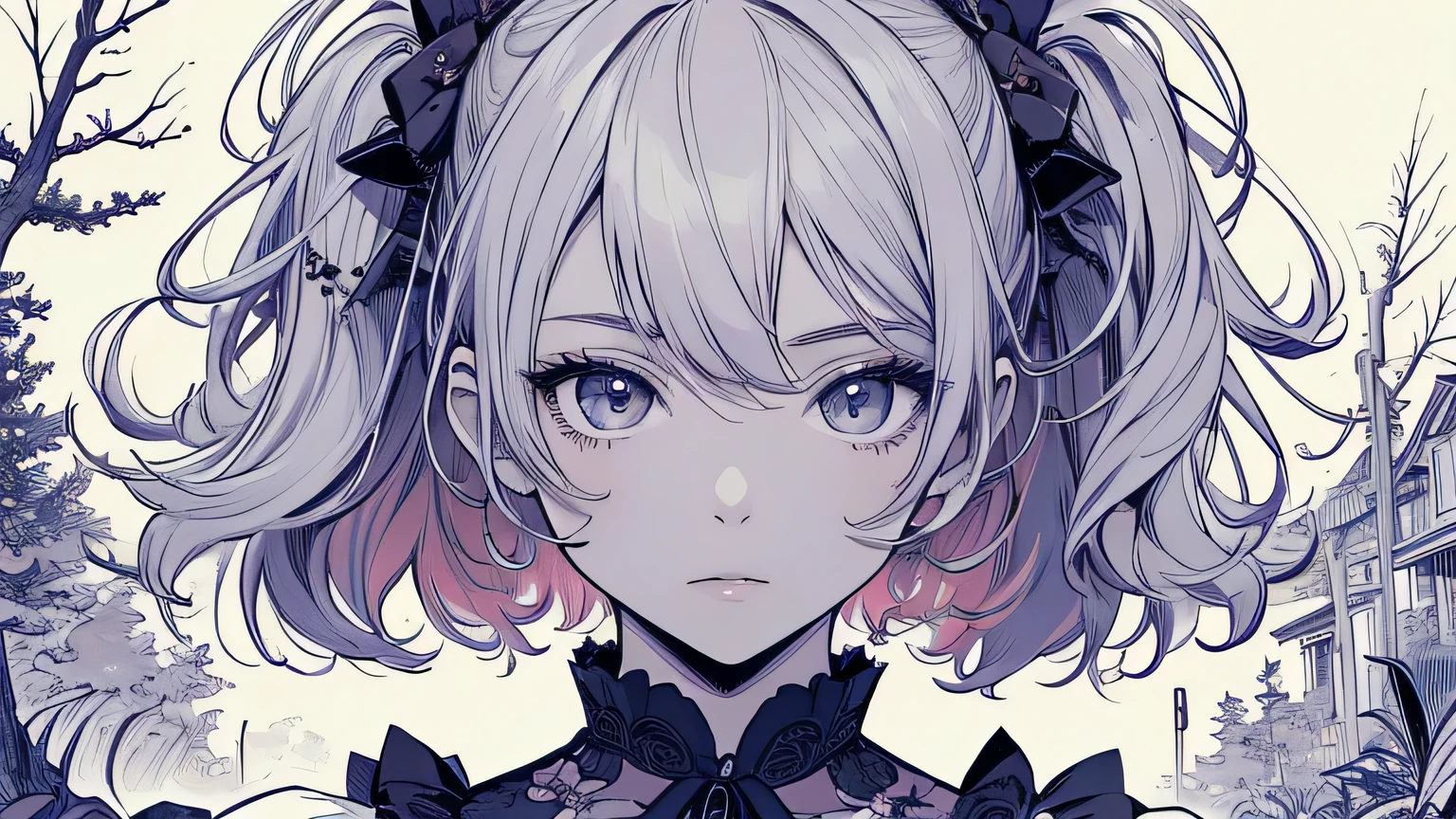 (by Yuko Higuchi:1.4),Higuchi Yuko,(by Yoh:1.2),(masterpiece,best quality,official art,beauty and aesthetics:1.2),(ultra-detailed),finely detail,best illustration,hand drawn high quality,(High contrast),(clean lines:1.3),(lineart),line drawing,(Intricate lines),ligne claire,fractal art,pen drawing,ukiyo-e style,(portrait,above the chest,extremely close-up:1.1),zombie girl,,(she is surrounded by dead trees:1.1),big eyes,(wavy air,Pigtails),Corpse Bride,Wraparound composition,flat chest,mysterious night,(Intricate details),(detailed background:1.2),(colorful),High Resolution