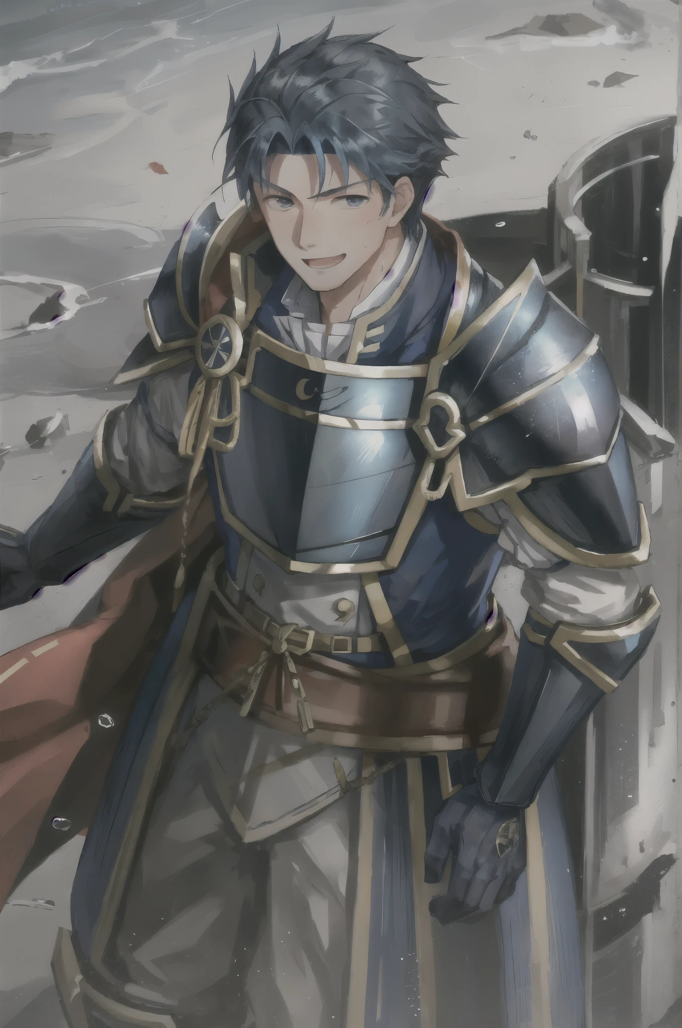 Hector Fay, soloist, looking at the audience, smiling, open mouth, sweat, get wet, wet, Slobber, Gloves, 1 boy, blue hair, male focus, tie, armor, from below,