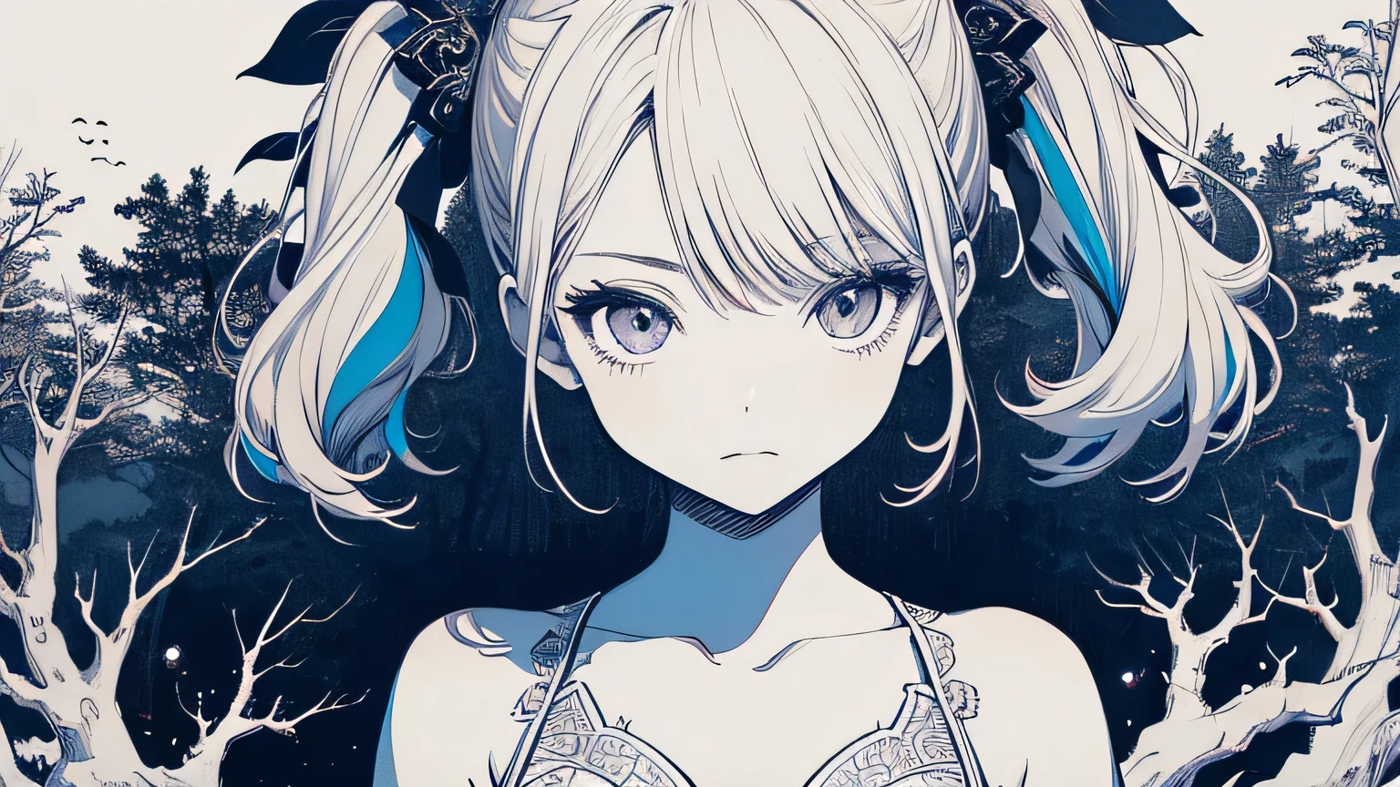 (by Yuko Higuchi:1.4),Higuchi Yuko,(by Yoh:1.2),(masterpiece,best quality,official art,beauty and aesthetics:1.2),(ultra-detailed),finely detail,best illustration,hand drawn high quality,(High contrast),(clean lines:1.3),(lineart),line drawing,(Intricate lines),ligne claire,fractal art,pen drawing,ukiyo-e style,(portrait,above the chest,extremely close-up:1.1),zombie girl,,(she is surrounded by dead trees:1.1),big eyes,(wavy air,Pigtails),Corpse Bride,Wraparound composition,flat chest,mysterious night,(Intricate details),(detailed background:1.2),(colorful),High Resolution