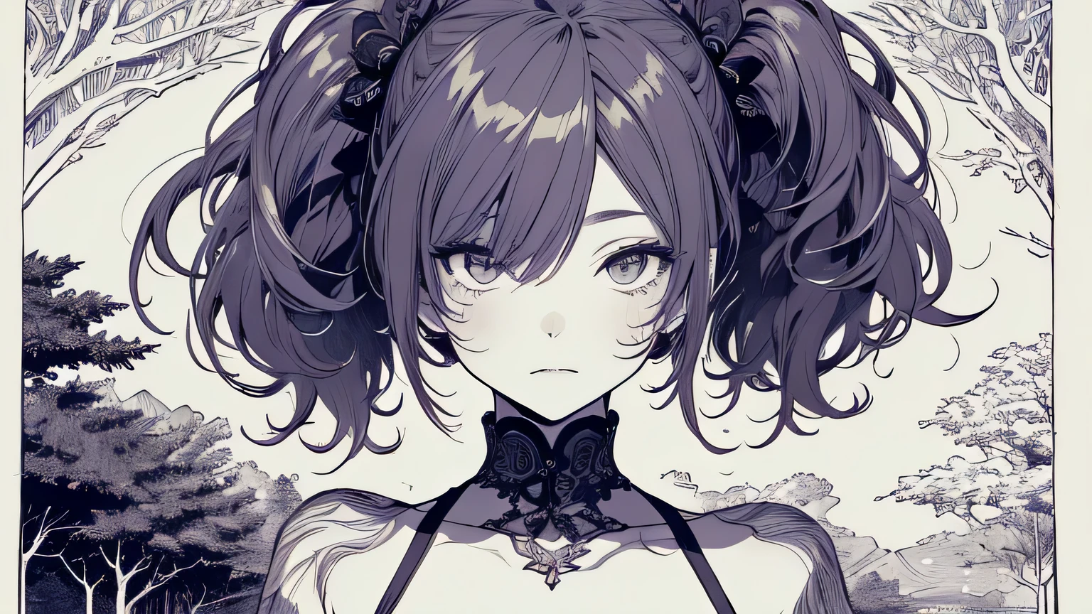 (by Yuko Higuchi:1.4),Higuchi Yuko,(by Yoh:1.2),(masterpiece,best quality,official art,beauty and aesthetics:1.2),(ultra-detailed),finely detail,best illustration,hand drawn high quality,(High contrast),(clean lines:1.3),(lineart),line drawing,(Intricate lines),ligne claire,fractal art,pen drawing,ukiyo-e style,(portrait,above the chest,extremely close-up:1.1),zombie girl,,(she is surrounded by dead trees:1.1),big eyes,(wavy air,Pigtails),Corpse Bride,Wraparound composition,flat chest,mysterious night,(Intricate details),(detailed background:1.2),(colorful),High Resolution