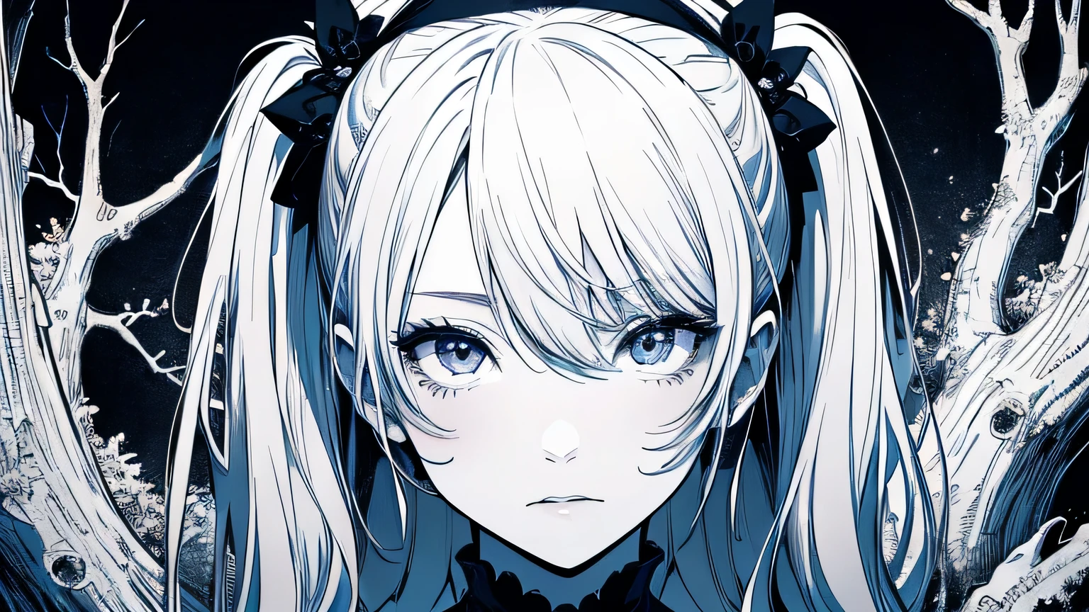 (by Yuko Higuchi:1.4)，Higuchi Yuko,(by Yoh:1.2),(masterpiece,best quality,official art,beauty and aesthetics:1.2),(ultra-detailed),finely detail,best illustration,hand drawn high quality,(High contrast),(clean lines:1.3),(lineart),line drawing,(Intricate lines),ligne claire,fractal art,pen drawing,ukiyo-e style,(portrait,above the chest,extremely close-up:1.1),zombie girl,,(she is surrounded by dead trees:1.1),big eyes,(wavy air,Pigtails),Corpse Bride,Wraparound composition,flat chest,mysterious night,(Intricate details),(detailed background:1.2),(colorful),High Resolution