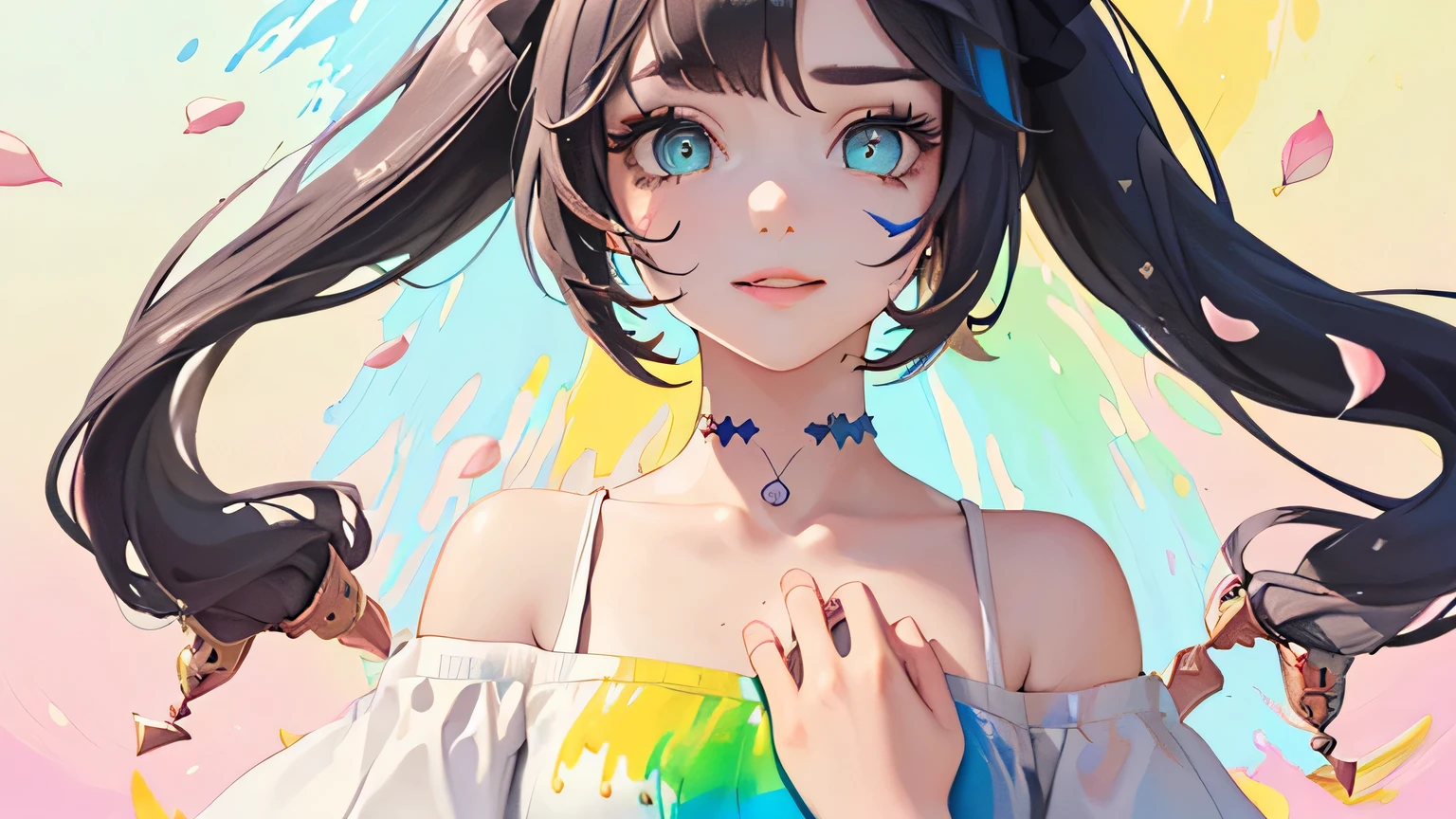 （Pink Fashion crop top：1.9），(Colorful hair: 1.8), (all the colours of the rainbow: 1.8),(((((vertical painting：1.6))), （painting：1.6），front, comics, illustrations, paintings, large eyes, crystal clear eyes,（ rainbow color gradient high twintails：1.7）, exquisite makeup, shy smile mouth,(Small Fresh: 1.5),(Wipe Chest: 1.6) ，long eyelashes, white off shoulder crop top,  White Shoulder Shirt，looking at the audience, large watery eyes, (rainbow colored hair：1.6), color splash, （solo：1.8）, color splash, color explosion, thick paint style, messy lines, ((shining))，(colorful), (colorful), (colorful), colorful, Thick Paint Style, (Splash) (Color Splash), Vertical Painting, Upper Body, Paint Splash, Acrylic Pigment, Gradient, Paint, Highest Image Quality, Highest Quality, Masterpiece, Solo, Depth of Field, Face Paint,  colorful clothes, (Elegant: 1.2), gorgeous,long hair, wind, (Elegant: 1.3), (Petals: 1.4)，(((masterpiece))),(((best quality))),((ultra-detailed)),(illustration),(dynamic angle),((floating)),(paint),((disheveled hair)),(solo),(1girl) , (((detailed anima face))),((beautiful detailed face)),collar,bare shoulders,white hair, ((colorful hair)),((streaked hair)),beautiful detailed eyes,(Gradient color eyes),(((colorful eyes))),(((colorful background))),(((high saturation))),(((surrounded by colorful splashes))), blue hair
