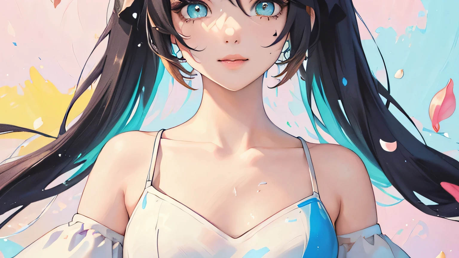 A girl in a white swimsuit, Black color hair, long whitr hair, Wet hair, blue color eyes, white swimsuits, (long leges:1.3), blue-sky,reflective light, Depth of field, Chiaroscuro, hyper HD, Anatomically correct, Textured skin, Super detail, High details, Best quality