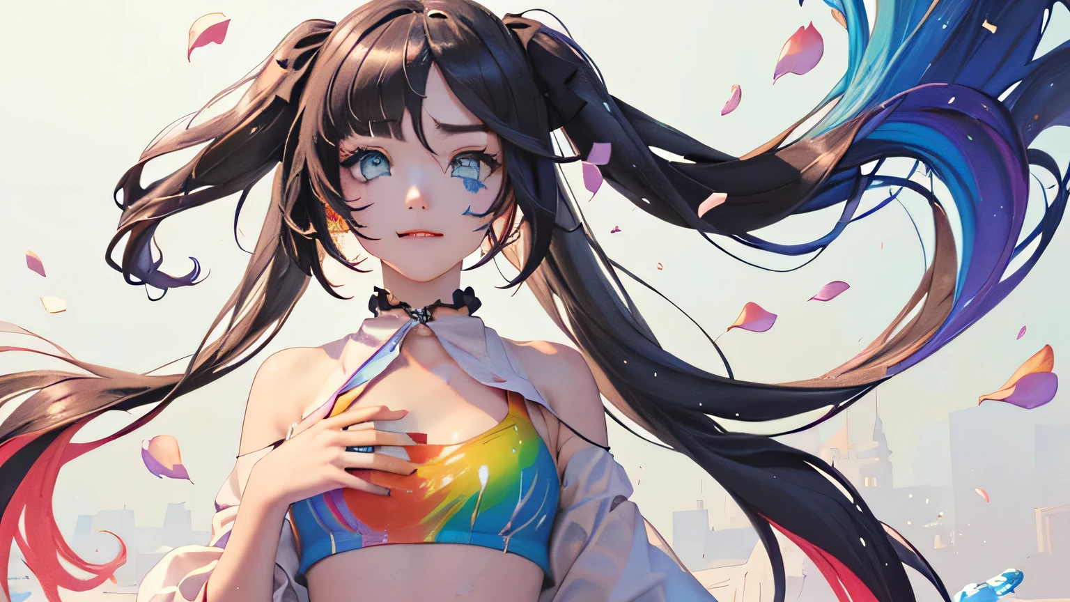 (Pink Fashion crop top:1.9),(Colorful hair: 1.8), (all the colours of the rainbow: 1.8),(((((vertical painting:1.6))), (painting:1.6),front, comics, illustrations, paintings, large eyes, crystal clear eyes,( rainbow color gradient high twintails:1.7), exquisite makeup, shy smile mouth,(Small Fresh: 1.5),(Wipe Chest: 1.6) ,long eyelashes, white off shoulder crop top, White Shoulder Shirt,looking at the audience, large watery eyes, (rainbow colored hair:1.6), color splash, (solo:1.8), color splash, color explosion, thick paint style, messy lines, ((shining)),(colorful), (colorful), (colorful), colorful, Thick Paint Style, (Splash) (Color Splash), Vertical Painting, Upper Body, Paint Splash, Acrylic Pigment, Gradient, Paint, Highest Image Quality, Highest Quality, Masterpiece, Solo, Depth of Field, Face Paint, colorful clothes, (Elegant: 1.2), gorgeous,long hair, wind, (Elegant: 1.3), (Petals: 1.4),(((masterpiece))),(((best quality))),((ultra-detailed)),(illustration),(dynamic angle),((floating)),(paint),((disheveled hair)),(solo),(1girl) , (((detailed anima face))),((beautiful detailed face)),collar,bare shoulders,white hair, ((colorful hair)),((streaked hair)),beautiful detailed eyes,(Gradient color eyes),(((colorful eyes))),(((colorful background))),(((high saturation))),(((surrounded by colorful splashes))), blue hair