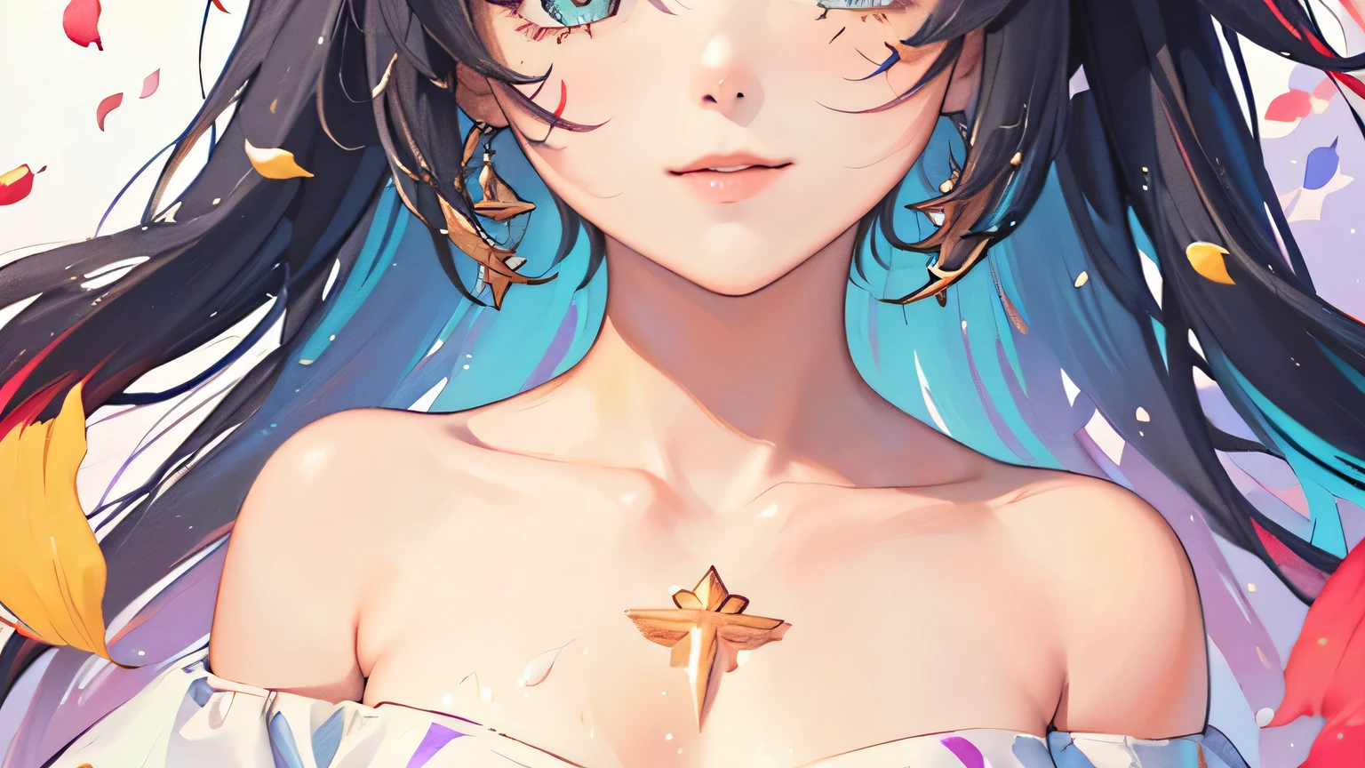 (Pink Fashion crop top:1.9),(Colorful hair: 1.8), (all the colours of the rainbow: 1.8),(((((vertical painting:1.6))), (painting:1.6),front, comics, illustrations, paintings, large eyes, crystal clear eyes,( rainbow color gradient high twintails:1.7), exquisite makeup, shy smile mouth,(Small Fresh: 1.5),(Wipe Chest: 1.6) ,long eyelashes, white off shoulder crop top, White Shoulder Shirt,looking at the audience, large watery eyes, (rainbow colored hair:1.6), color splash, (solo:1.8), color splash, color explosion, thick paint style, messy lines, ((shining)),(colorful), (colorful), (colorful), colorful, Thick Paint Style, (Splash) (Color Splash), Vertical Painting, Upper Body, Paint Splash, Acrylic Pigment, Gradient, Paint, Highest Image Quality, Highest Quality, Masterpiece, Solo, Depth of Field, Face Paint, colorful clothes, (Elegant: 1.2), gorgeous,long hair, wind, (Elegant: 1.3), (Petals: 1.4),(((masterpiece))),(((best quality))),((ultra-detailed)),(illustration),(dynamic angle),((floating)),(paint),((disheveled hair)),(solo),(1girl) , (((detailed anima face))),((beautiful detailed face)),collar,bare shoulders,white hair, ((colorful hair)),((streaked hair)),beautiful detailed eyes,(Gradient color eyes),(((colorful eyes))),(((colorful background))),(((high saturation))),(((surrounded by colorful splashes))), blue hair