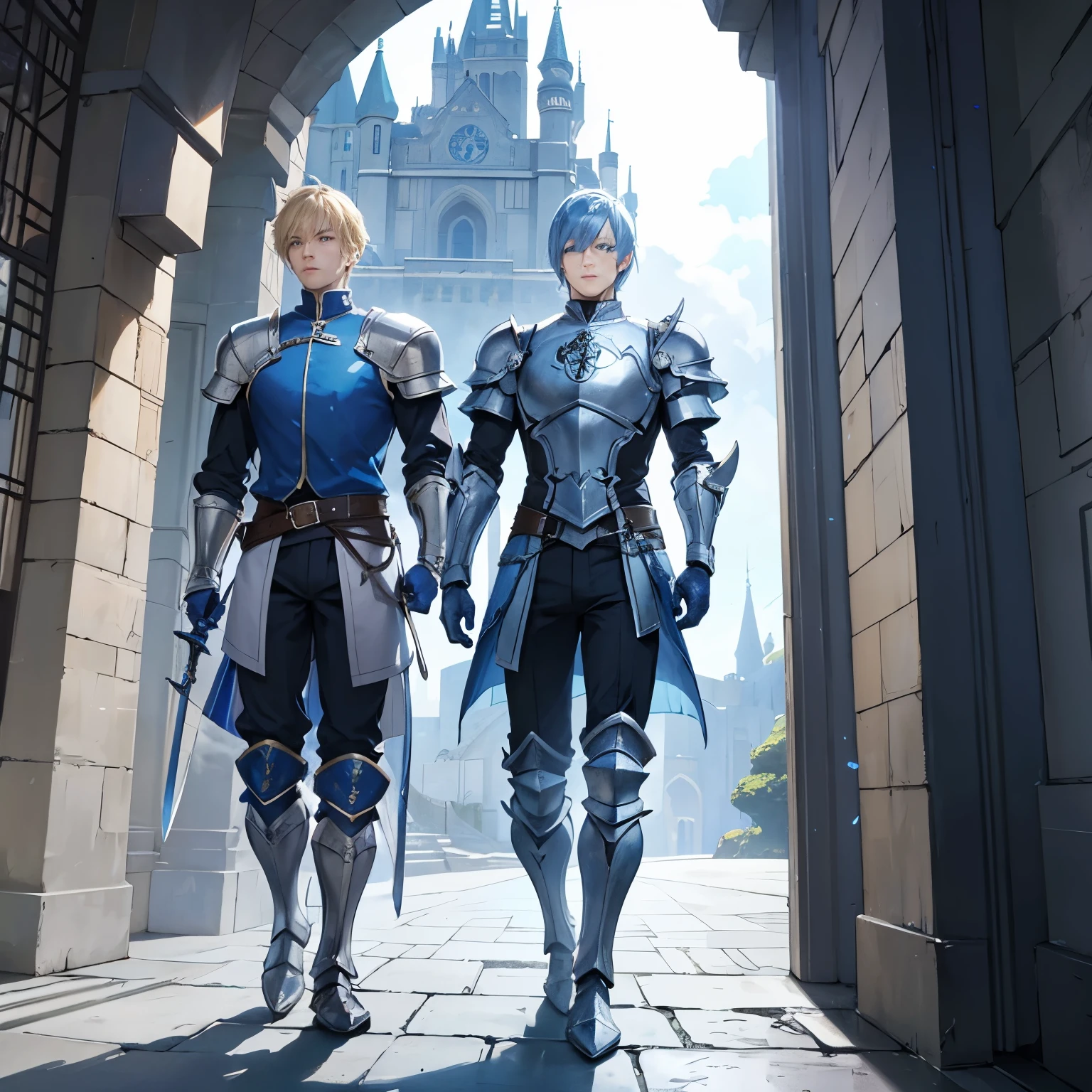 A man with short blonde hair, blue armour and blue magic sword, handsome, masculine facial features, walking inside the castle gate