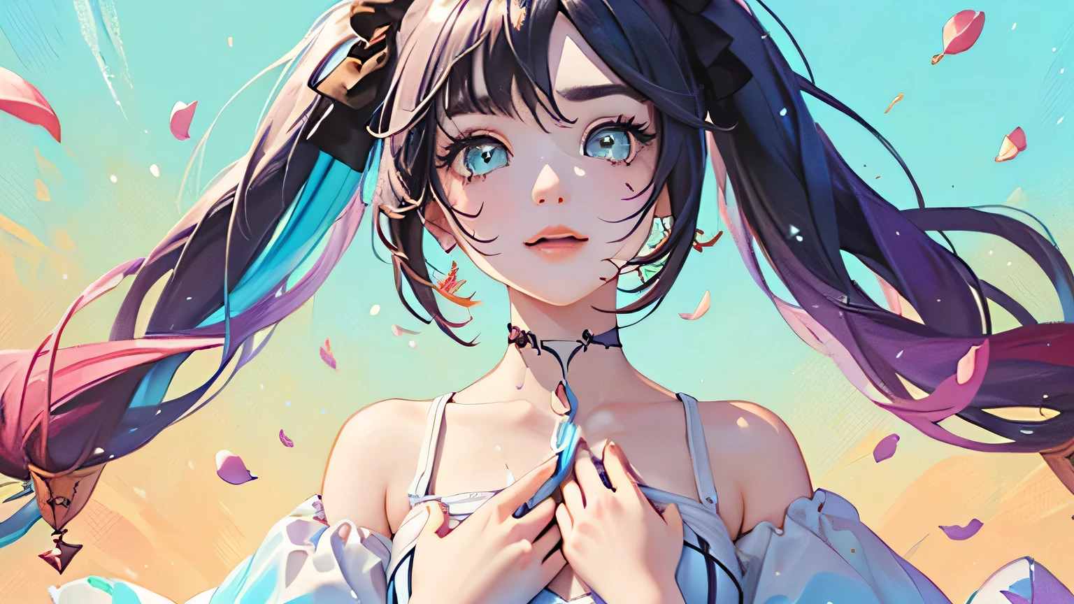 black hair, hair bobbles, wince, longeyelashes, solid circle eyes, fake animal ears, light smile, ear blush, fang, Surrealism, drop shadow, anaglyph, stereogram, tachi-e, pov, atmospheric perspective, 8k, super detail, ccurate, best quality