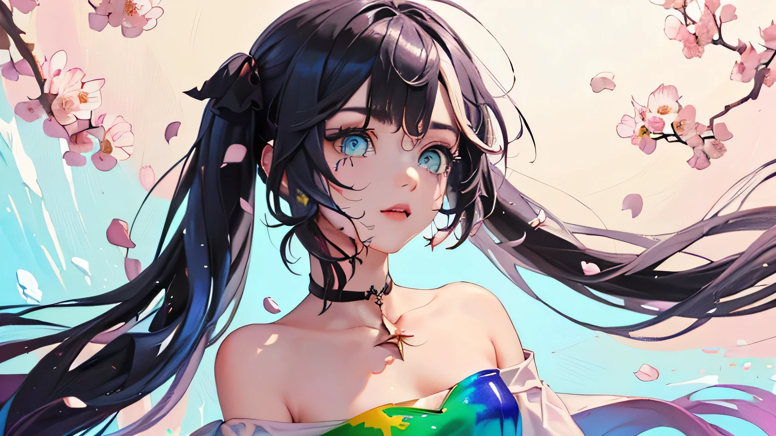 (Pink Fashion T-shirt:1.9),(Colorful hair: 1.8), (all the colours of the rainbow: 1.8),(((((vertical painting:1.6))), (painting:1.6),front, comics, illustrations, paintings, large eyes, crystal clear eyes,( rainbow color gradient high twintails:1.7), exquisite makeup, closed mouth,(Small Fresh: 1.5),(Wipe Chest: 1.6) ,long eyelashes, white off shoulder T-shirt, White Shoulder Shirt,looking at the audience, large watery eyes, (rainbow colored hair:1.6), color splash, (solo:1.8), color splash, color explosion, thick paint style, messy lines, ((shining)),(colorful), (colorful), (colorful), colorful, Thick Paint Style, (Splash) (Color Splash), Vertical Painting, Upper Body, Paint Splash, Acrylic Pigment, Gradient, Paint, Highest Image Quality, Highest Quality, Masterpiece, Solo, Depth of Field, Face Paint, colorful clothes, (Elegant: 1.2), gorgeous,long hair, wind, (Elegant: 1.3), (Petals: 1.4),(((masterpiece))),(((best quality))),((ultra-detailed)),(illustration),(dynamic angle),((floating)),(paint),((disheveled hair)),(solo),(1girl) , (((detailed anima face))),((beautiful detailed face)),collar,bare shoulders,white hair, ((colorful hair)),((streaked hair)),beautiful detailed eyes,(Gradient color eyes),(((colorful eyes))),(((colorful background))),(((high saturation))),(((surrounded by colorful splashes))), blue hair