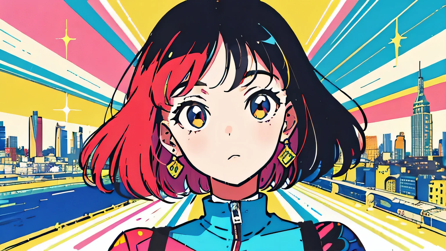 (flat color:0.9),(colorful:1.1),(masterpiece:1,2),retro,city pop, best quality, masterpiece, highres, original, extremely detailed wallpaper, looking at viewer,,,1girl,solo,Girl,Portrait