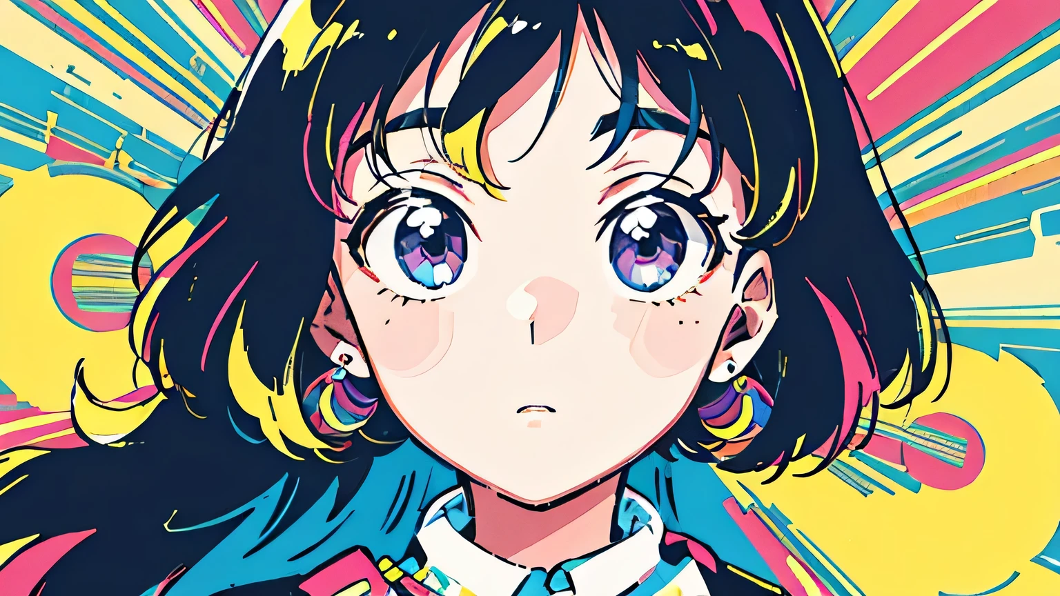 (flat color:0.9),(colorful:1.1),(masterpiece:1,2),retro,city pop, best quality, masterpiece, highres, original, extremely detailed wallpaper, looking at viewer,,,1girl,solo,Girl,Portrait