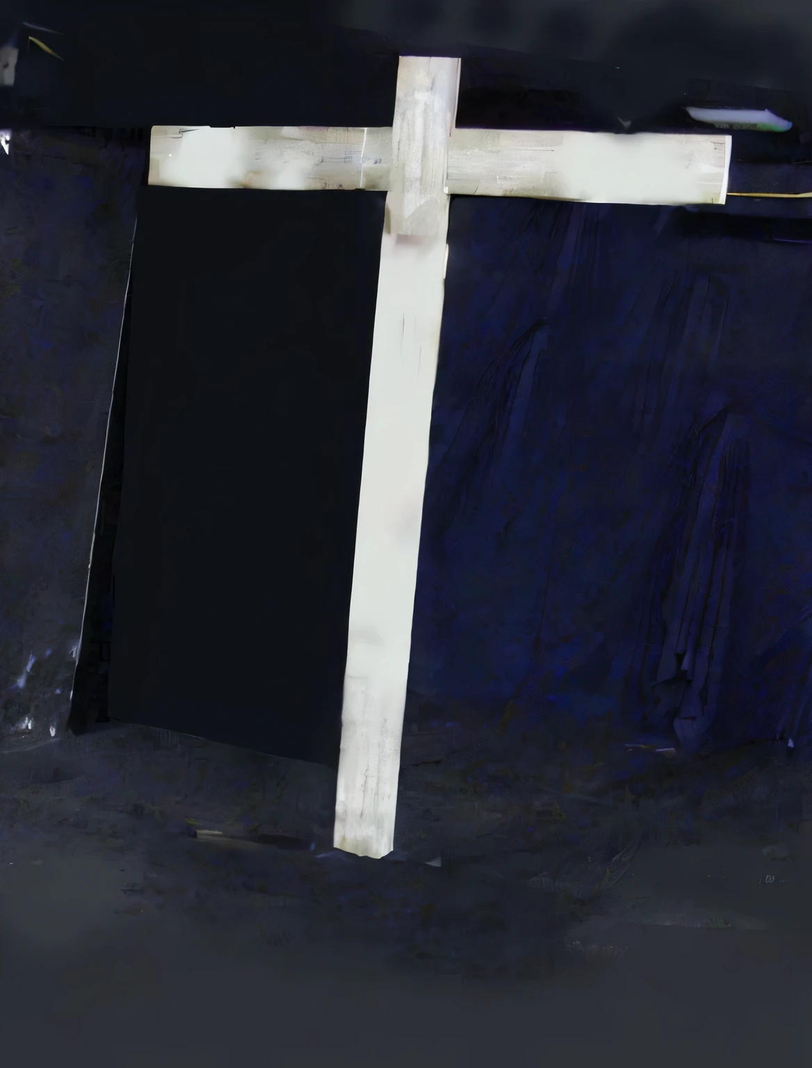 there is a cross made of wood on a table, backside of scenography elements, set photograph, set photo, shadow of catholic church cross, dark backdrop, crucifix, prop, large props, ground - level view, ground-level view, shadow of the cross, cross composition, religious, dark studio backdrop, wooden supports, black backdrop, ground level view