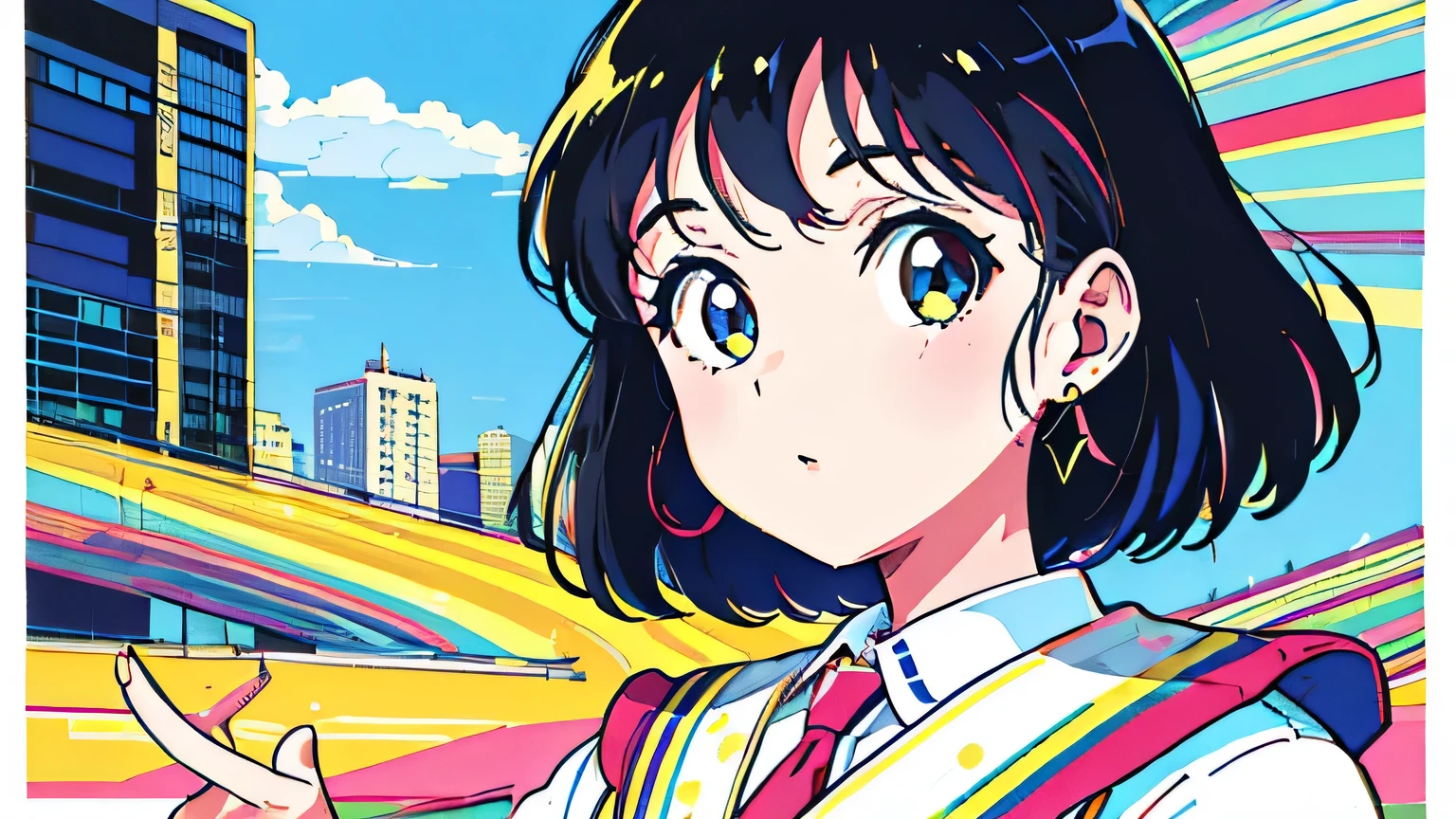(flat color:0.9),(colorful:1.1),(masterpiece:1,2),retro,city pop, best quality, masterpiece, highres, original, extremely detailed wallpaper, looking at viewer,,,1girl,solo,Girl,Portrait