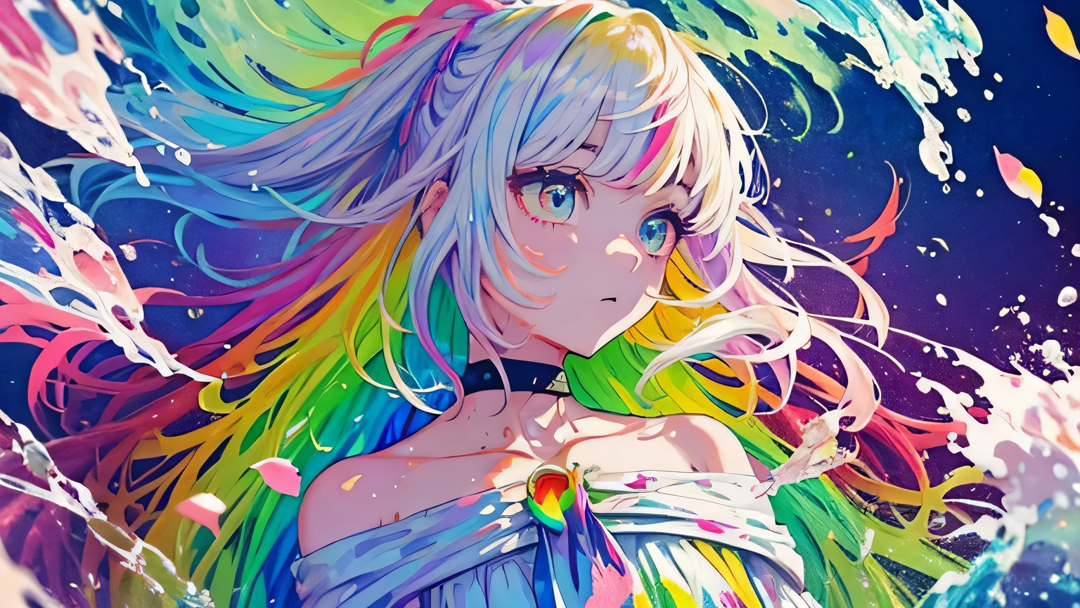 (Colorful hair: 1.8), (all colors of the rainbow: 1.8),(((((Vertical painting:1.6))), (Painting:1.6),Front, Comics, Illustrations, painting of a, largeeyes, Crystal clear eyes,( rainbow color gradient high ponytail:1.7), Exquisite makeup, smile face,(Small Fresh: 1.5),(Wipe Chest: 1.6) ,Long eyelashes, white off-the-shoulder T-shirt, White Shoulder Shirt,staring towards the viewer, watery big eyes, (Rainbow-colored hair:1.6), colored splashing, (Solo:1.8), colored splashing, Color explosion, Thick Paint Style, Messy lines, ((Shining)),(Colorful), (Colorful), (Colorful), Colorful, Thick Paint Style, (Splash) (colored splashing), Vertical painting, Upper body, Paint splashes, Acrylic Pigment, Gradient, Paint, Highest image quality, Highest quality, masutepiece, Solo, depth of fields, facepaint, multicolored clothing, (elegant: 1.2), Gorgeous,Long hair, Wind, (elegant: 1.3), (Flower petals: 1.4),(((masutepiece))),(((Best quality))),((Ultra-detailed)),(illustration),(Dynamic Angle),((Floating)),(Paint),((Disheveled hair)),(Solo),(1girl in) , (((Detailed anima face))),((beautifull detailed face)),Collar,Bare shoulders,White hair, ((Colorful hair)),((striated hair)),Beautiful detailed eyes,(Gradient color eyes),(((Colorful eyes))),(((Colorful background))),(((High color saturation))),(((Surrounded by colorful splashes))), big breast, Tokyo 80 background.
