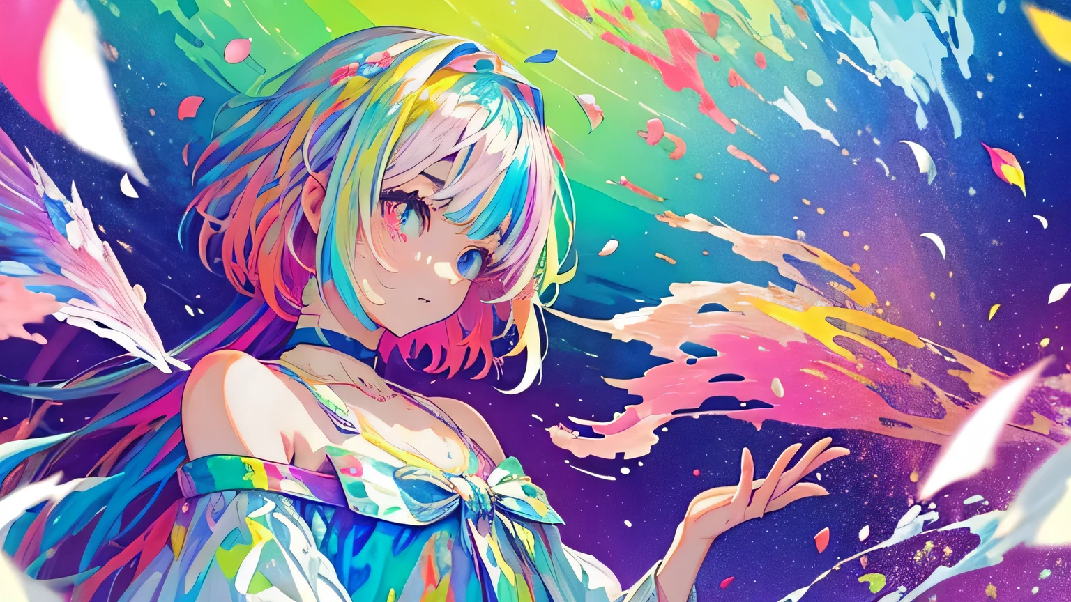 (Colorful hair: 1.8), (all colors of the rainbow: 1.8),(((((Vertical painting:1.6))), (Painting:1.6),Front, Comics, Illustrations, painting of a, largeeyes, Crystal clear eyes,( rainbow color gradient high ponytail:1.7), Exquisite makeup, smile face,(Small Fresh: 1.5),(Wipe Chest: 1.6) ,Long eyelashes, white off-the-shoulder T-shirt, White Shoulder Shirt,staring towards the viewer, watery big eyes, (Rainbow-colored hair:1.6), colored splashing, (Solo:1.8), colored splashing, Color explosion, Thick Paint Style, Messy lines, ((Shining)),(Colorful), (Colorful), (Colorful), Colorful, Thick Paint Style, (Splash) (colored splashing), Vertical painting, Upper body, Paint splashes, Acrylic Pigment, Gradient, Paint, Highest image quality, Highest quality, masutepiece, Solo, depth of fields, facepaint, multicolored clothing, (elegant: 1.2), Gorgeous,Long hair, Wind, (elegant: 1.3), (Flower petals: 1.4),(((masutepiece))),(((Best quality))),((Ultra-detailed)),(illustration),(Dynamic Angle),((Floating)),(Paint),((Disheveled hair)),(Solo),(1girl in) , (((Detailed anima face))),((beautifull detailed face)),Collar,Bare shoulders,White hair, ((Colorful hair)),((striated hair)),Beautiful detailed eyes,(Gradient color eyes),(((Colorful eyes))),(((Colorful background))),(((High color saturation))),(((Surrounded by colorful splashes))), big breast, Tokyo 80 background.