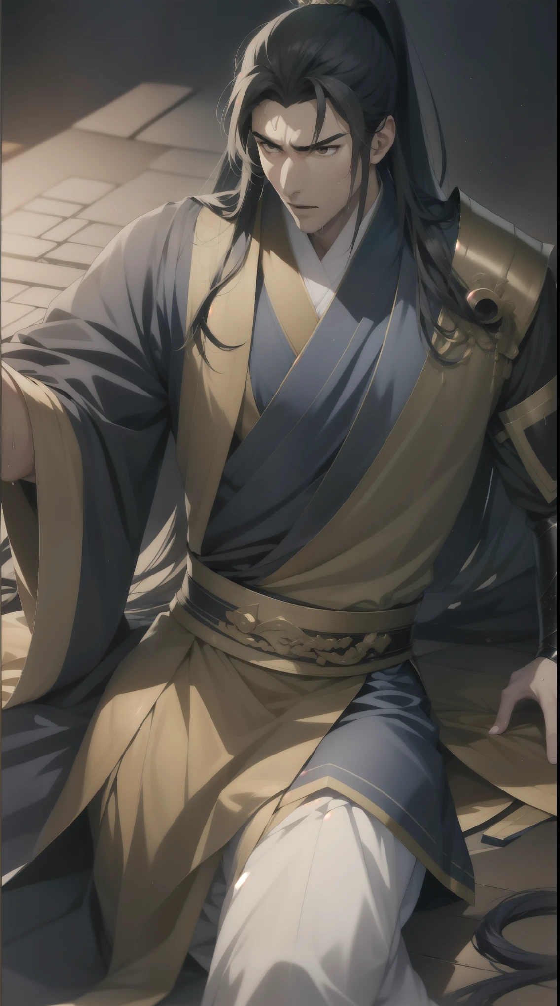 two-dimensional, anime style, man (male warrior), muscle, correct proportions, facial details, martial arts, high ponytail hairstyle, sweat, Sweating face, Slobber, neck detail, with Adam's apple, wet, wet, Hanfu costume, robe, 绣花robe, dragon robe, clothing details, collar, long sleeves, Game quality, swordsman demeanor, Ray tracing, Ray tracing, Details shine, CG rendering, hair details, long black hair, golden eyes, Sweating face, Handsome, Handsome, Sweat beads slid down my neck, (Youthful feeling), intricate clothing, wet, wet, perfect composition, Refinement, high quality, more details, many details, complex background, atmosphere,