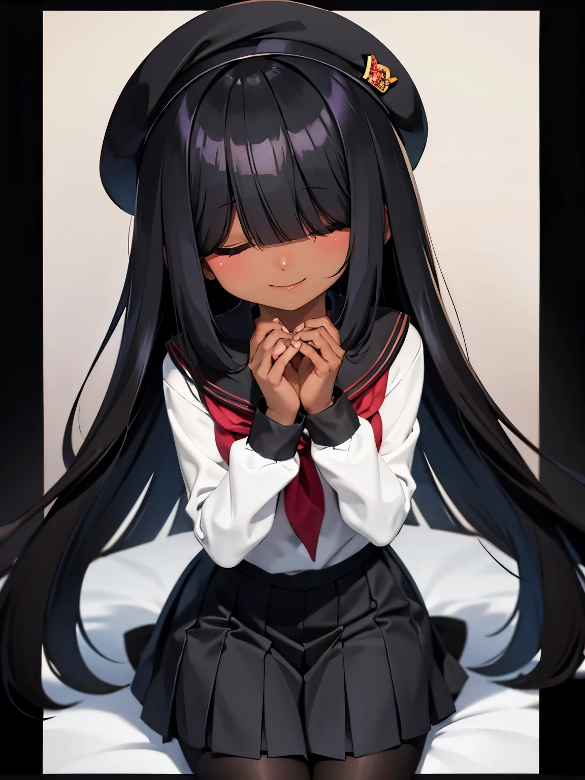 Black hair, short, ager, black skin, medium hair, black beret, long bangs, bangs covering eyes, covered eyes, black tights, kuudere, emotionless, expressionless, skin, brown skin, white clothes, very long bangs, school, bangs over eyes, school uniform, hair over eyes, smile