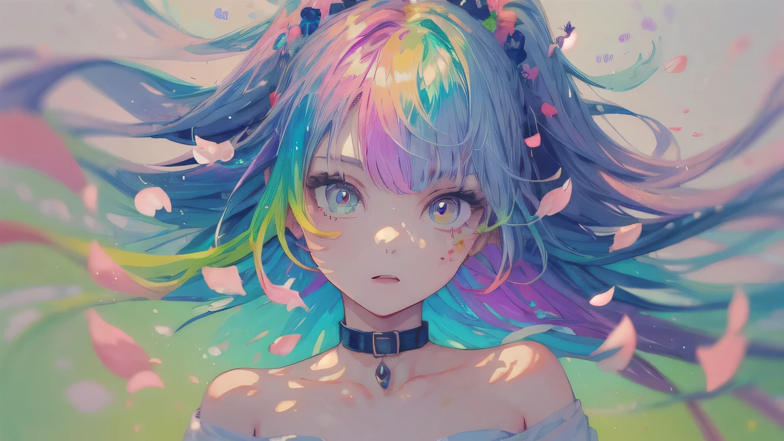 (Colorful hair: 1.8), (all colors of the rainbow: 1.8),(((((Vertical painting:1.6))), (Painting:1.6),Front, Comics, Illustrations, painting of a, largeeyes, Crystal clear eyes,( rainbow color gradient high ponytail:1.7), Exquisite makeup, smile face,(Small Fresh: 1.5),(Wipe Chest: 1.6) ,Long eyelashes, white off-the-shoulder T-shirt, White Shoulder Shirt,staring towards the viewer, watery big eyes, (Rainbow-colored hair:1.6), colored splashing, (Solo:1.8), colored splashing, Color explosion, Thick Paint Style, Messy lines, ((Shining)),(Colorful), (Colorful), (Colorful), Colorful, Thick Paint Style, (Splash) (colored splashing), Vertical painting, Upper body, Paint splashes, Acrylic Pigment, Gradient, Paint, Highest image quality, Highest quality, masutepiece, Solo, depth of fields, facepaint, multicolored clothing, (elegant: 1.2), Gorgeous,Long hair, Wind, (elegant: 1.3), (Flower petals: 1.4),(((masutepiece))),(((Best quality))),((Ultra-detailed)),(illustration),(Dynamic Angle),((Floating)),(Paint),((Disheveled hair)),(Solo),(1girl in) , (((Detailed anima face))),((beautifull detailed face)),Collar,Bare shoulders,White hair, ((Colorful hair)),((striated hair)),Beautiful detailed eyes,(Gradient color eyes),(((Colorful eyes))),(((Colorful background))),(((High color saturation))),(((Surrounded by colorful splashes))), big breast, Tokyo 80 background.