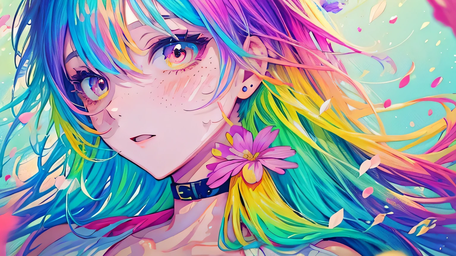 (Colorful hair: 1.8), (all colors of the rainbow: 1.8),(((((Vertical painting:1.6))), (Painting:1.6),Front, Comics, Illustrations, painting of a, largeeyes, Crystal clear eyes,( rainbow color gradient high ponytail:1.7), Exquisite makeup, smile face,(Small Fresh: 1.5),(Wipe Chest: 1.6) ,Long eyelashes, white off-the-shoulder T-shirt, White Shoulder Shirt,staring towards the viewer, watery big eyes, (Rainbow-colored hair:1.6), colored splashing, (Solo:1.8), colored splashing, Color explosion, Thick Paint Style, Messy lines, ((Shining)),(Colorful), (Colorful), (Colorful), Colorful, Thick Paint Style, (Splash) (colored splashing), Vertical painting, Upper body, Paint splashes, Acrylic Pigment, Gradient, Paint, Highest image quality, Highest quality, masutepiece, Solo, depth of fields, facepaint, multicolored clothing, (elegant: 1.2), Gorgeous,Long hair, Wind, (elegant: 1.3), (Flower petals: 1.4),(((masutepiece))),(((Best quality))),((Ultra-detailed)),(illustration),(Dynamic Angle),((Floating)),(Paint),((Disheveled hair)),(Solo),(1girl in) , (((Detailed anima face))),((beautifull detailed face)),Collar,Bare shoulders,White hair, ((Colorful hair)),((striated hair)),Beautiful detailed eyes,(Gradient color eyes),(((Colorful eyes))),(((Colorful background))),(((High color saturation))),(((Surrounded by colorful splashes))), big breast
