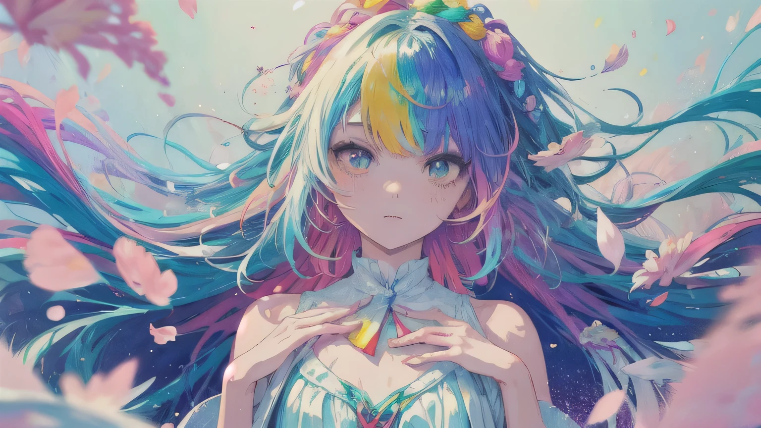 (Colorful hair: 1.8), (all colors of the rainbow: 1.8),(((((Vertical painting：1.6))), （Painting：1.6），Front, Comics, Illustrations, painting of a, largeeyes, Crystal clear eyes,（ rainbow color gradient high ponytail：1.7）, Exquisite makeup, smile face,(Small Fresh: 1.5),(Wipe Chest: 1.6) ，Long eyelashes, white off-the-shoulder T-shirt, White Shoulder Shirt，staring towards the viewer, watery big eyes, (Rainbow-colored hair：1.6), colored splashing, （Solo：1.8）, colored splashing, Color explosion, Thick Paint Style, Messy lines, ((Shining))，(Colorful), (Colorful), (Colorful), Colorful, Thick Paint Style, (Splash) (colored splashing), Vertical painting, Upper body, Paint splashes, Acrylic Pigment, Gradient, Paint, Highest image quality, Highest quality, masutepiece, Solo, depth of fields, facepaint, multicolored clothing, (elegant: 1.2), Gorgeous,Long hair, Wind, (elegant: 1.3), (Flower petals: 1.4)，(((masutepiece))),(((Best quality))),((Ultra-detailed)),(illustration),(Dynamic Angle),((Floating)),(Paint),((Disheveled hair)),(Solo),(1girl in) , (((Detailed anima face))),((beautifull detailed face)),Collar,Bare shoulders,White hair, ((Colorful hair)),((striated hair)),Beautiful detailed eyes,(Gradient color eyes),(((Colorful eyes))),(((Colorful background))),(((High color saturation))),(((Surrounded by colorful splashes))), big breast