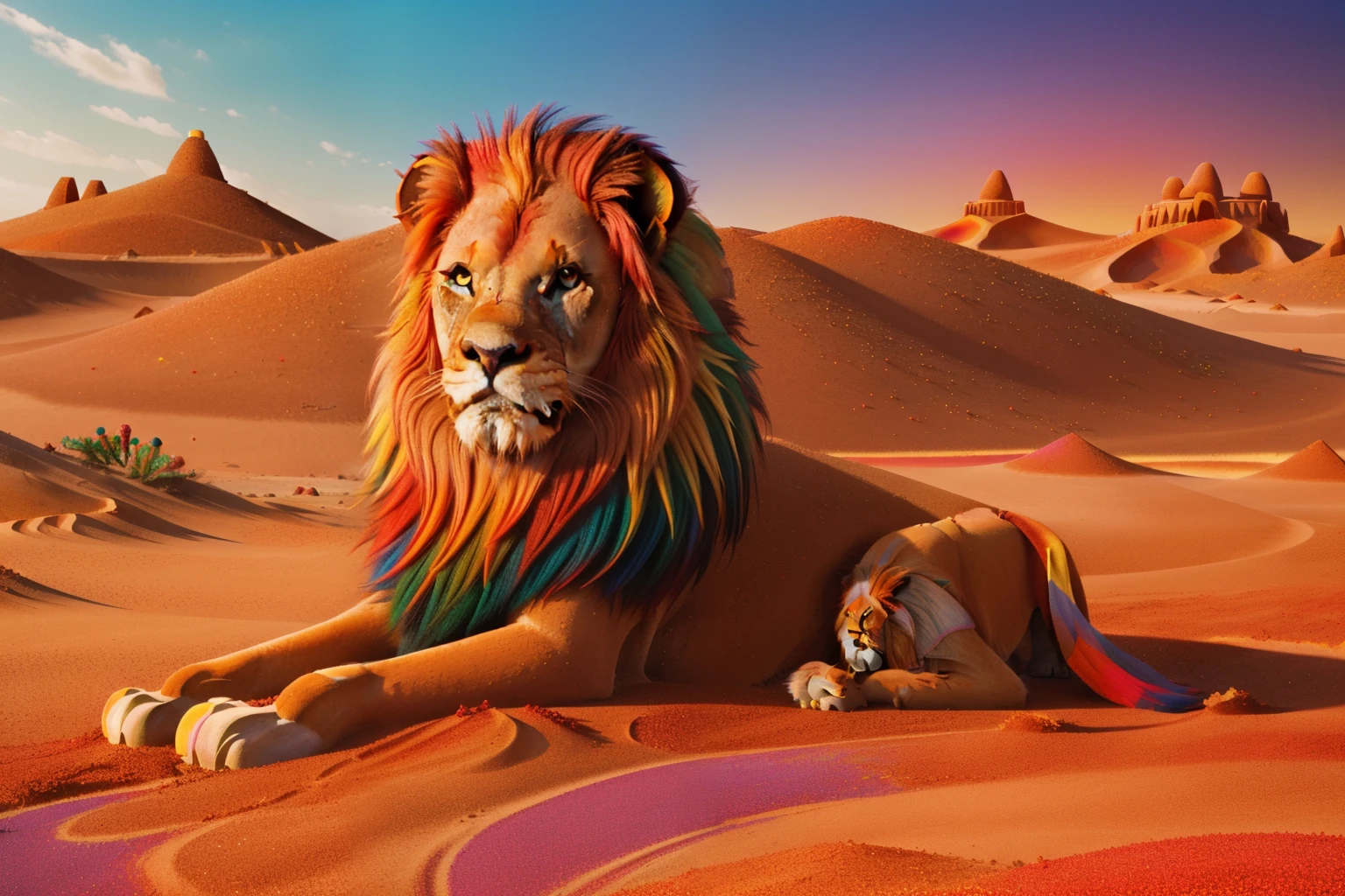 Fairytale Kingdom of Fantasia, Goab, the Desert of Colors. A ((((majestic red lion)))). in a (((((multicolored desert, made with colored sand))))), every dune a distinctive color.