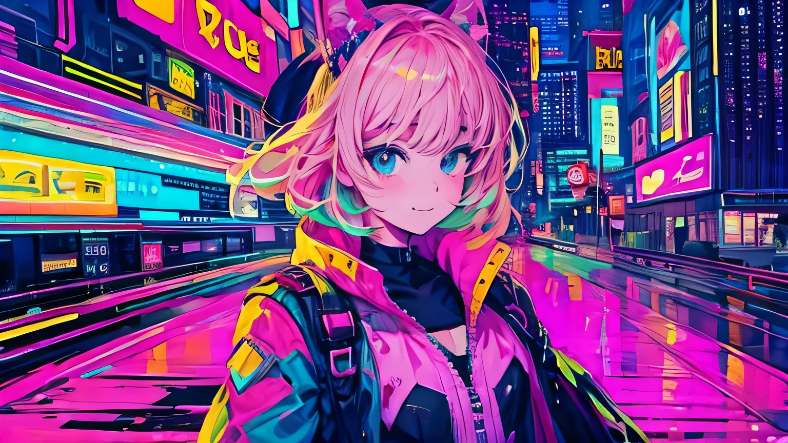best quality, 4K wallpaper, masterpiece, extremely detailed CG unity 8k wallpaper, extremely detailed eyes, ultra-detailed, intricate details, face close up 1 happy smile shy girl in center, heterochromia, retro art style, neon pop abstract art style, public, highway road, lake, mountain, car