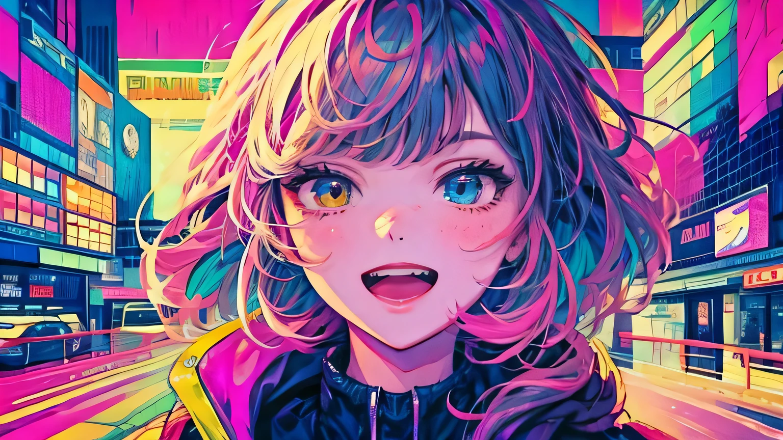 best quality, 4K wallpaper, masterpiece, extremely detailed CG unity 8k wallpaper, extremely detailed eyes, ultra-detailed, intricate details, face close up 1 happy smile shy girl in center, heterochromia, retro art style, neon pop abstract art style, public, highway road, lake, mountain, car