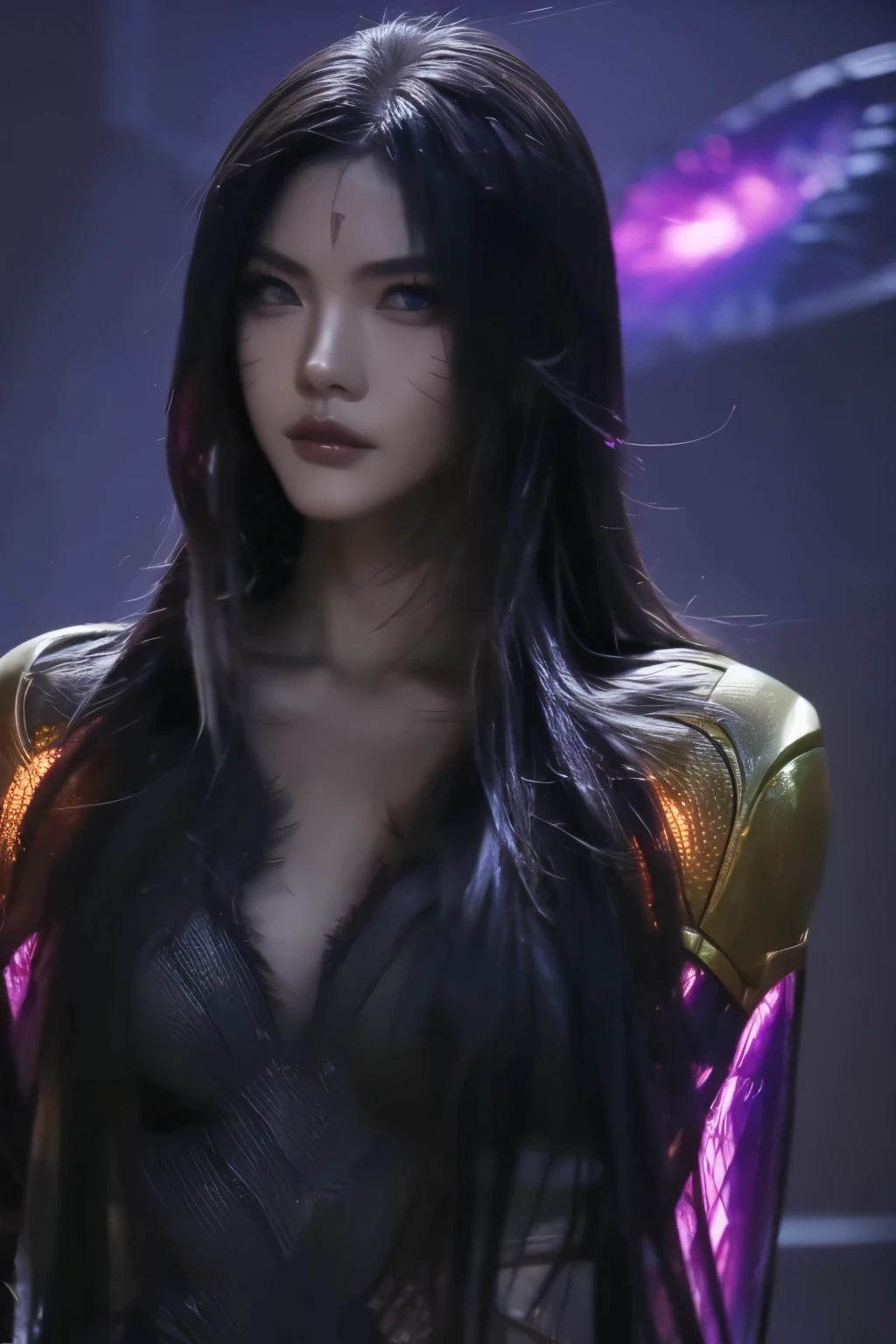 Kasha in League of Legends，long hair，one person，wallpaper，Background in ancient Chinese architecture，Game character design，science fiction background，Super light sense，woman，