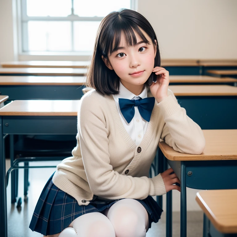 A solo Japanese high school girl, with a baby face and a charming white complexion, is seated in a classroom adorned with rows of desks and a chalkboard. She is wearing a navy cardigan, a plaid skirt that reaches just above her knees, black knee socks, and a bowtie. Her short bob frames her  face, revealing a small chin and delicate features. With her legs crossed, she wears white leggings that add a touch of modernity to her traditional school attire. The realistic scale of the scene captures every detail, from the masseter muscle fragment in her jawline to the correct human ???????????? and the correct dress size. The professional photographer, focusing on