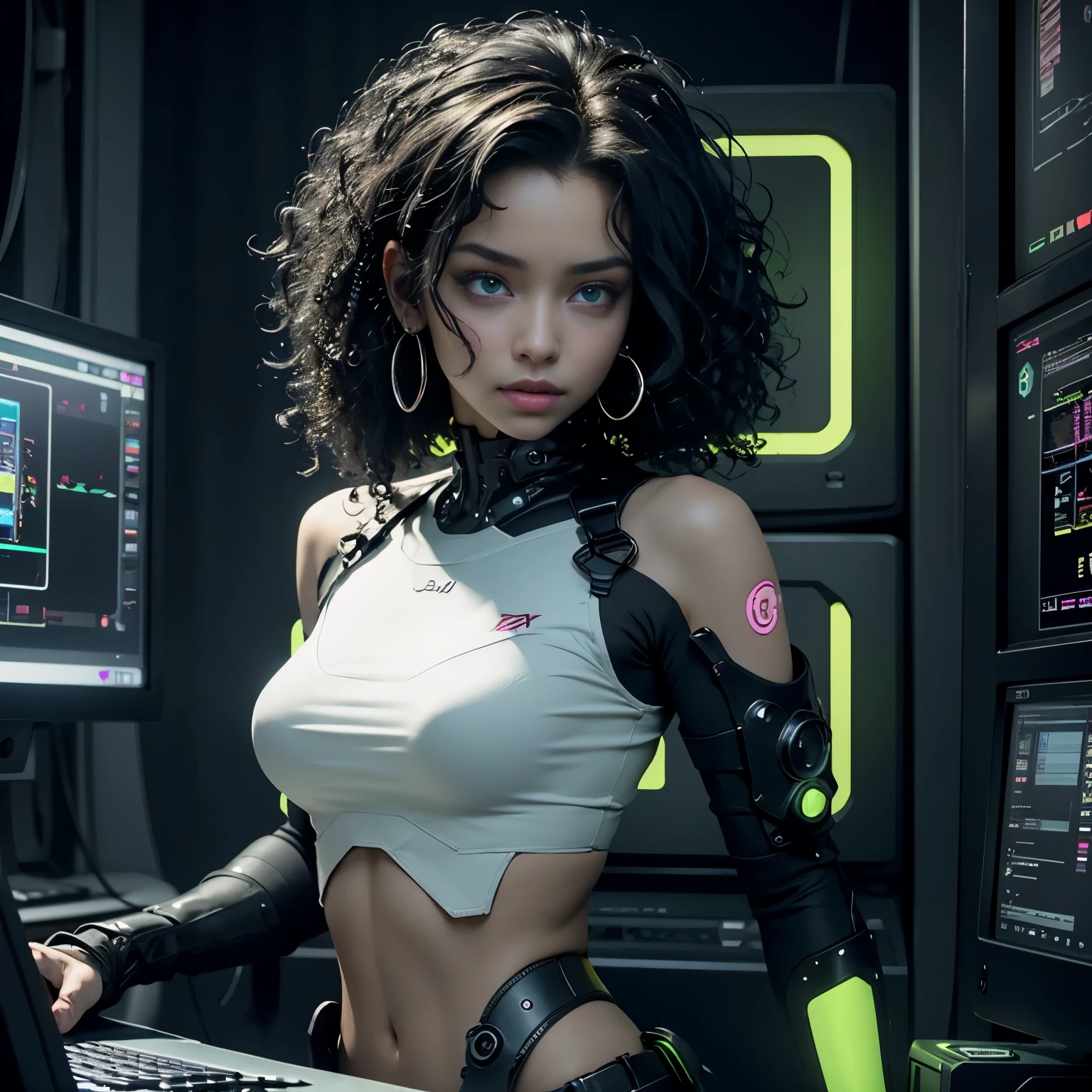 ((Best quality)), ((masterpiece)), (highly detailed:1.3), 3D, beautiful (cyberpunk:1.3) hacker woman with afro curly Black hair, big green eyes, naked puffy medium size breast, slim figure, operating a computer terminal