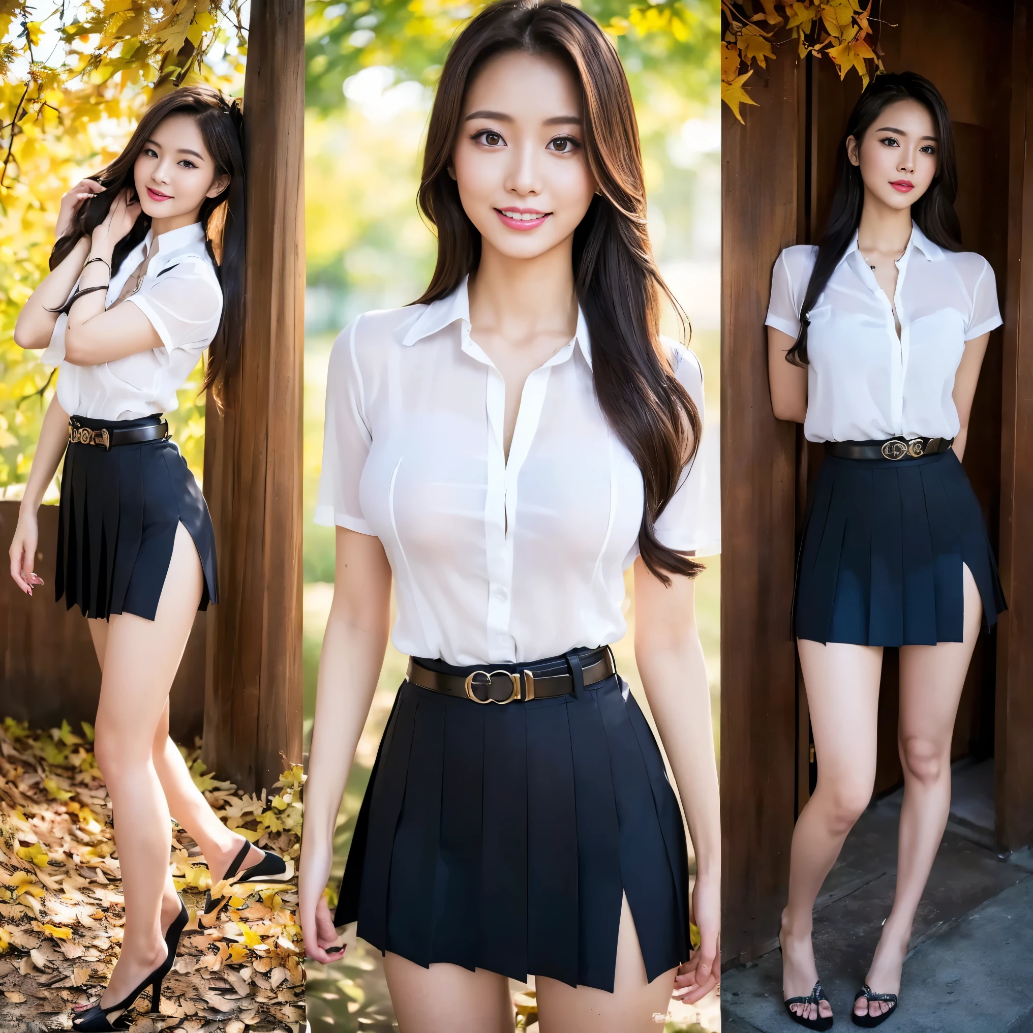 ((masterpiece)),(detailed),(perfect face),(thin),((sexy long legs)),((beautiful legs)),(slim),((boob flash)),((tits slip)),(horny smile),((very sexy emotional face)),((very long hair)),(looking at viewer),(random hairstyles),(blonde hair),(trained body),((she has autumn drama makeup)),((seductive smiling)),(top-quality),(Photo realsitic:1.4),Raw photo,((1 girl)),(((Random hair)),(((Take different poses))),glowy skin,(Happiness:1.2),(she wearing seductive Thai university uniform),((only one girl picture)),((portrait)),(close up shot),((she wear white shirt short sleeve and black slit tight skirt, black pleated skirt)),(small brown belt),((big )),(big booty),