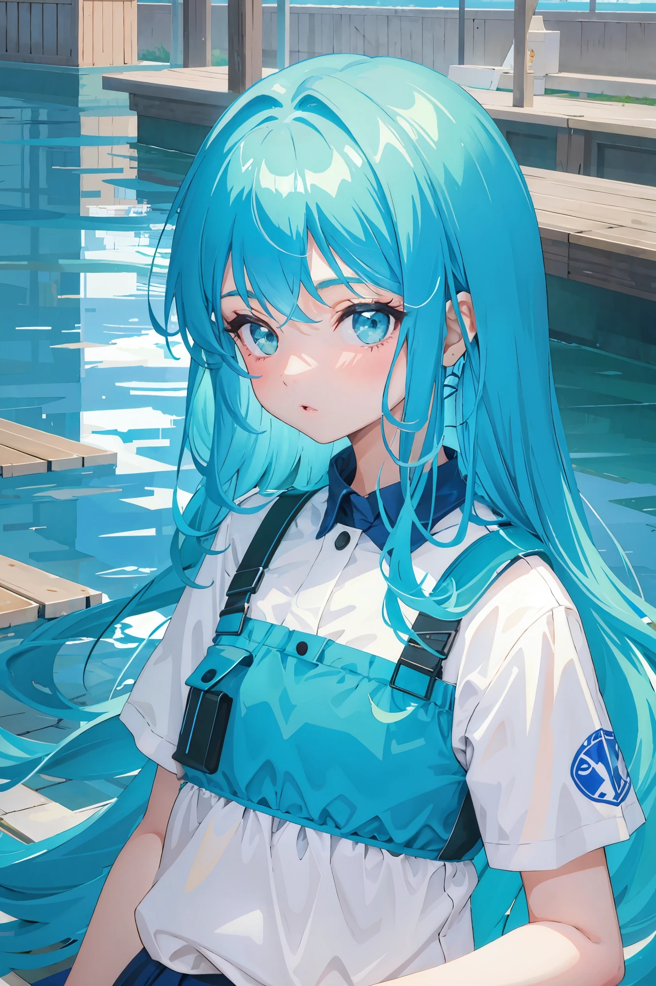 1girl,blue hair, green eyes, looking at viewer, long hair, upper body,
