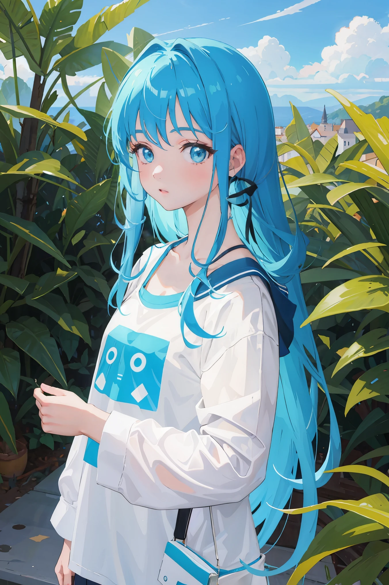 1girl,blue hair, green eyes, looking at viewer, long hair, upper body,