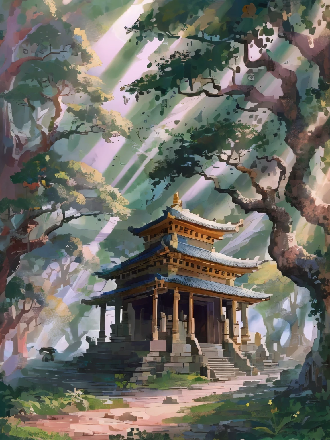 masterpiece, top quality, best quality, ancient stone temple in the jungle, (jungle), (Tyndall effect, Sunlight:1.2), giant tree, nobody