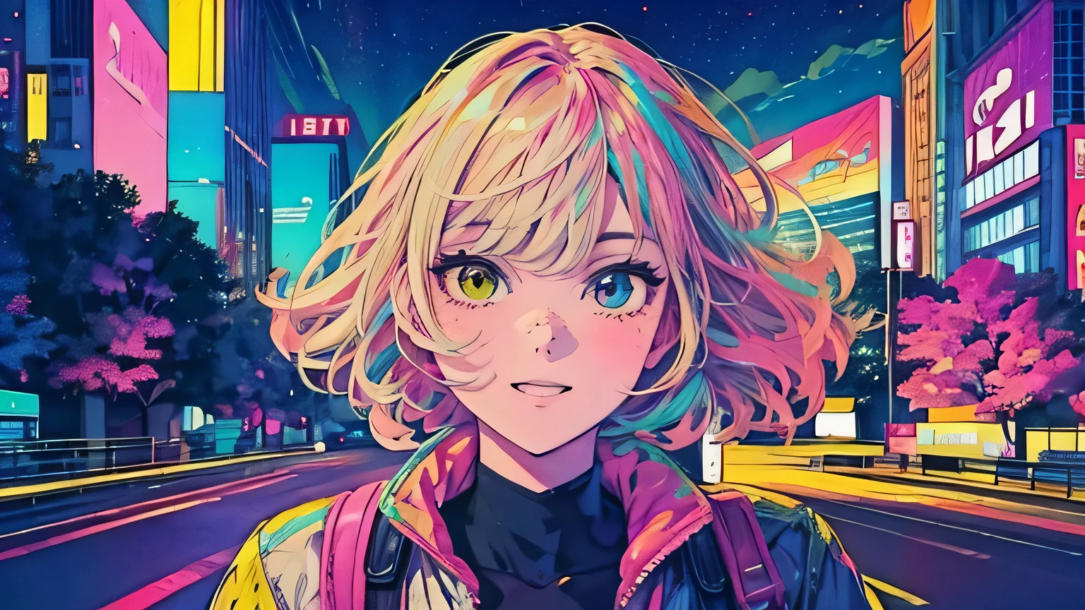 best quality, 4K wallpaper, masterpiece, extremely detailed CG unity 8k wallpaper, extremely detailed eyes, ultra-detailed, intricate details, face close up 1 happy smile shy girl in center, heterochromia, retro art style, neon pop abstract art style, public, highway road, lake, mountain, car
