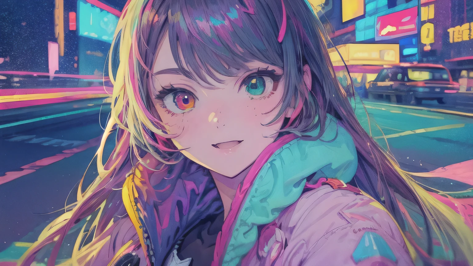 best quality, 4K wallpaper, masterpiece, extremely detailed CG unity 8k wallpaper, extremely detailed eyes, ultra-detailed, intricate details, face close up 1 happy smile shy girl in center, heterochromia, retro art style, neon pop abstract art style, public, highway road, lake, mountain, car