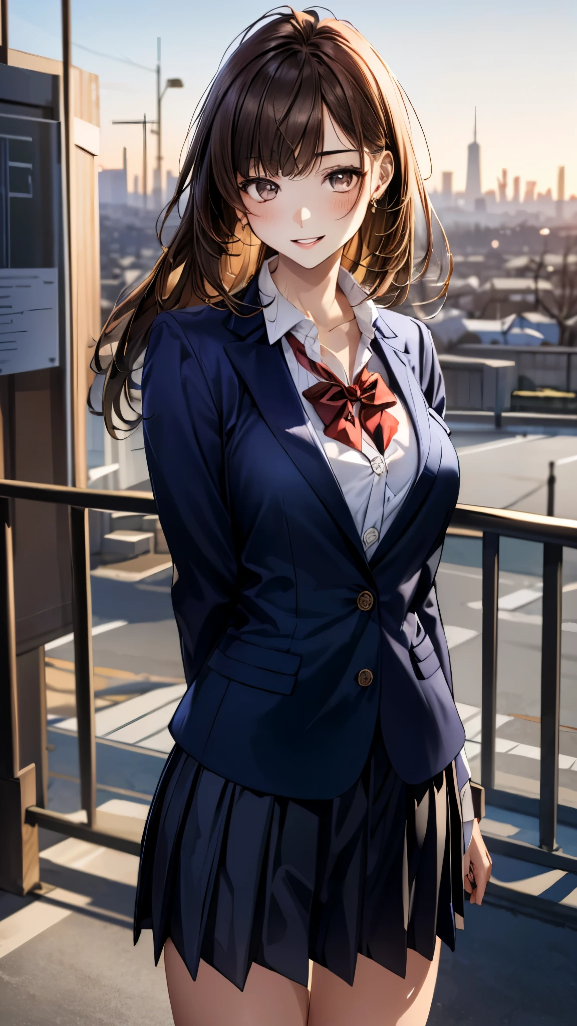 (masterpiece:1.3, top-quality, ultra high res, ultra detailed), (realistic, photorealistic:1.4), beautiful illustration, perfect lighting, colorful, depth of fields,
beautiful detailed hair, beautiful detailed face, beautiful detailed eyes, beautiful clavicle, beautiful body, beautiful chest, beautiful thigh, beautiful legs, beautiful fingers,
looking at viewer, front view:0.6, 1 girl, japanese, high school girl, perfect face, (perfect anatomy, anatomically correct), cute and symmetrical face, babyface, , shiny skin,
(long hair:1.5, straight hair:1.6, rosy brown hair), asymmetrical bangs, gray eyes, long eye lasher, (medium breasts), slender,
((navy blazer, collared white shirt, navt pleated skirt)), dark red bow tie, piercing,
(beautiful scenery), evening, (park, cityscape in the distance), standing, (hand on chest), (happy smile, parted lips),