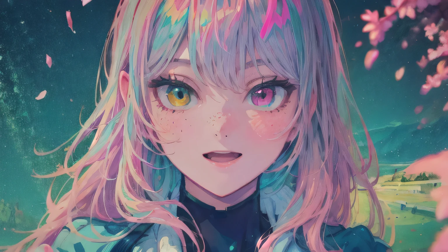 best quality, 4K wallpaper, masterpiece, extremely detailed CG unity 8k wallpaper, extremely detailed eyes, ultra-detailed, intricate details, face close up 1 happy smile shy girl in center, heterochromia, retro art style, neon pop abstract art style, public, highway road, lake, mountain, car
