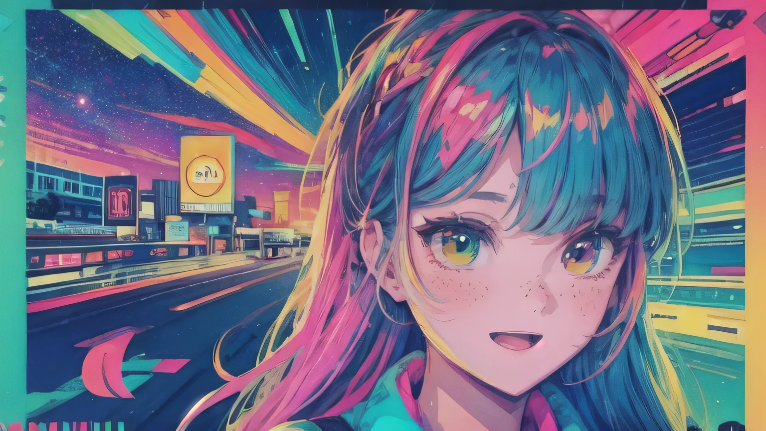 best quality, 4K wallpaper, masterpiece, extremely detailed CG unity 8k wallpaper, extremely detailed eyes, ultra-detailed, intricate details, face close up 1 happy smile shy girl in center, heterochromia, retro art style, neon pop abstract art style, public, highway road, lake, mountain, car